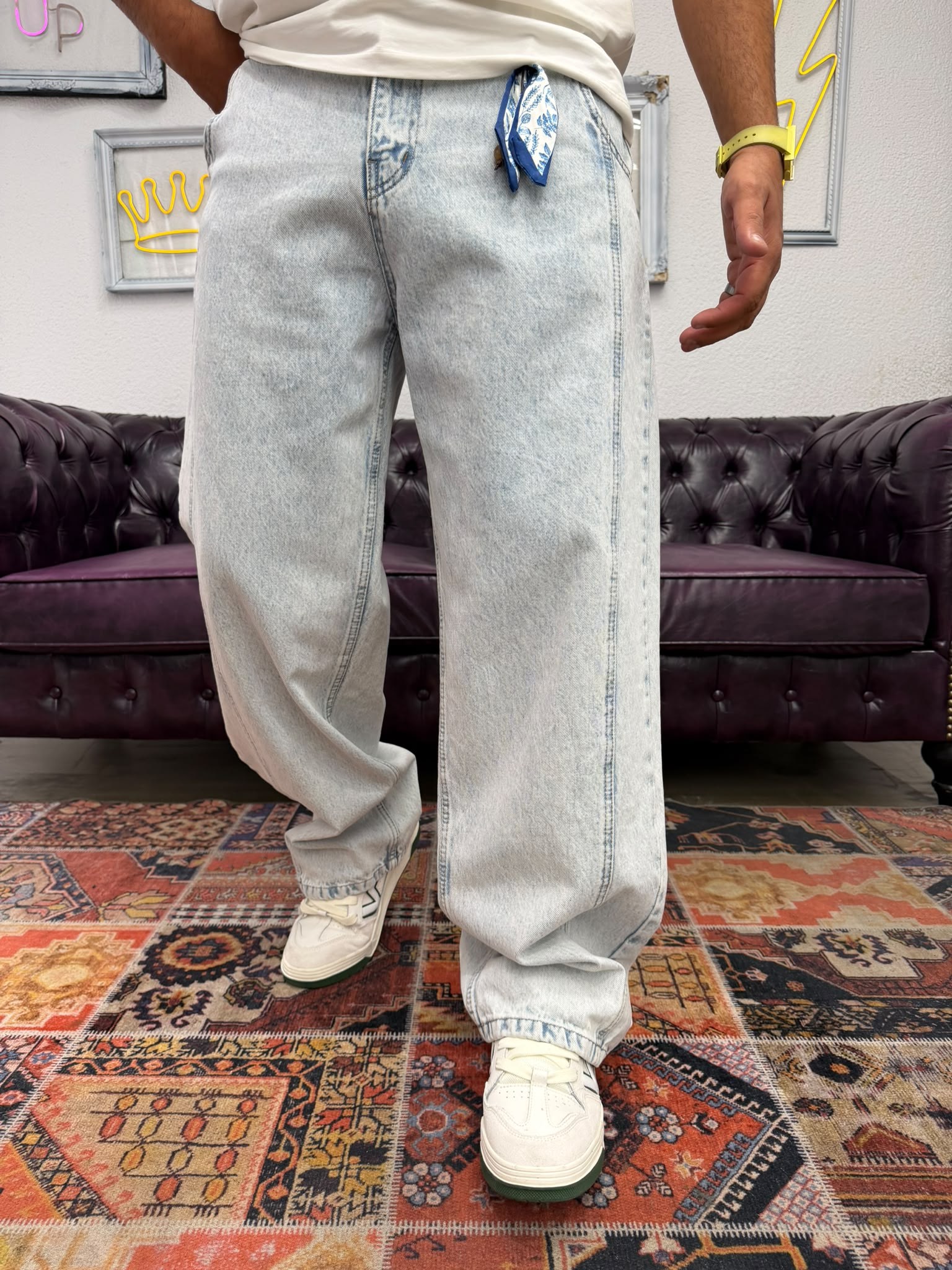 Baggy Parça Detaylı Kot Açık Gri