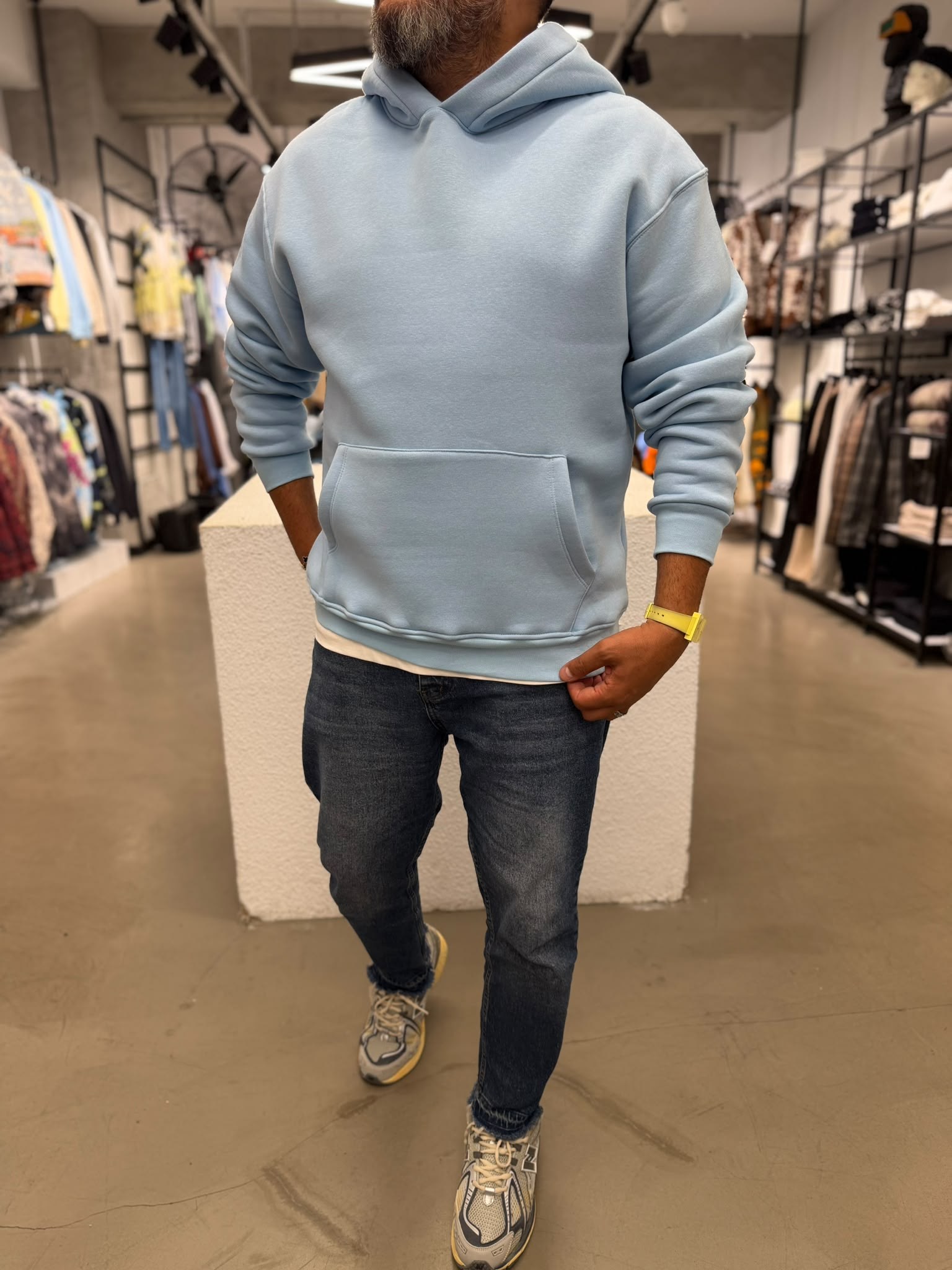 Basic Kapüşonlu Sweatshirt Mavi