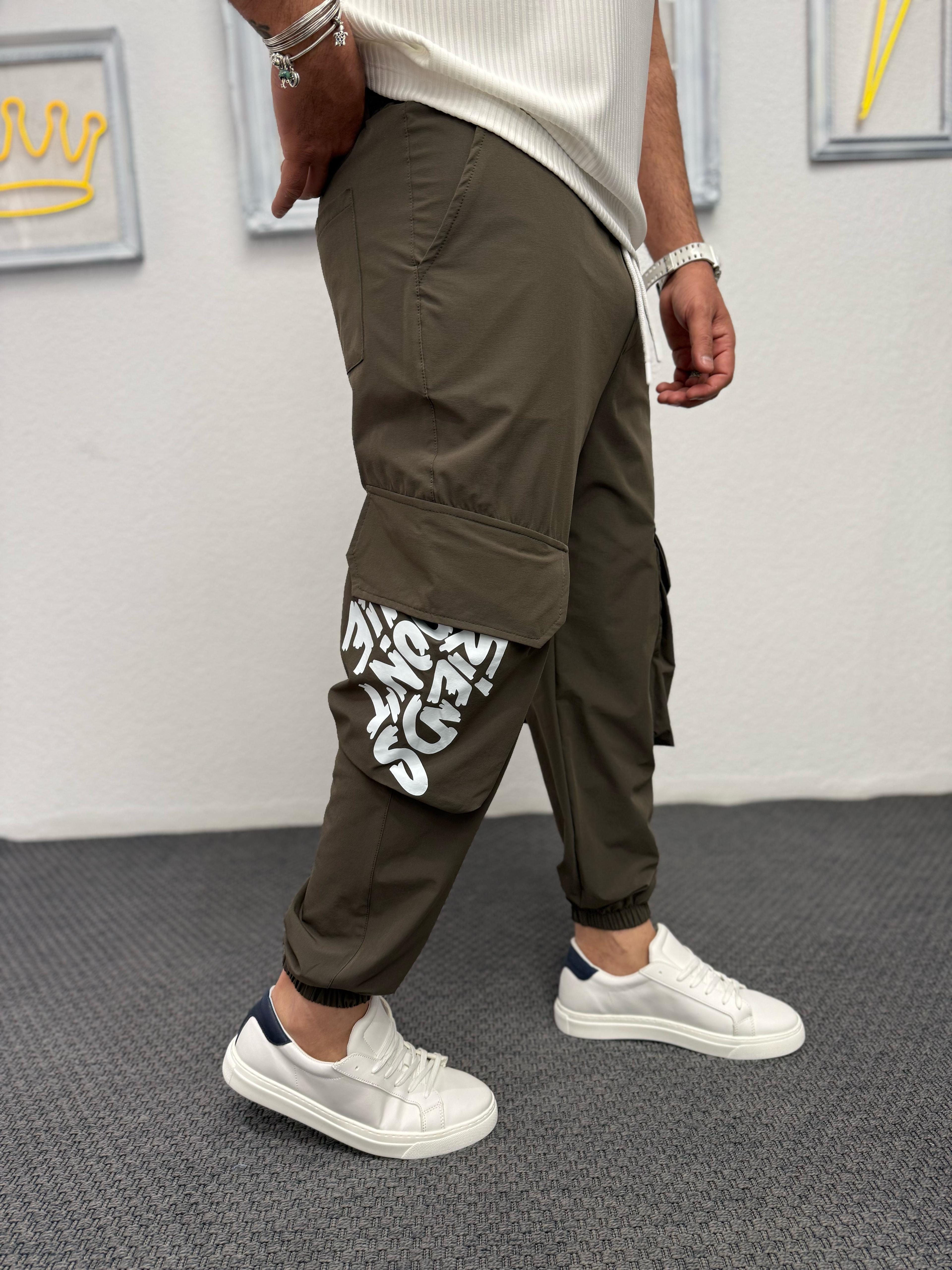 Baskı detaylı Likralı Paça Lastik Jogger Haki