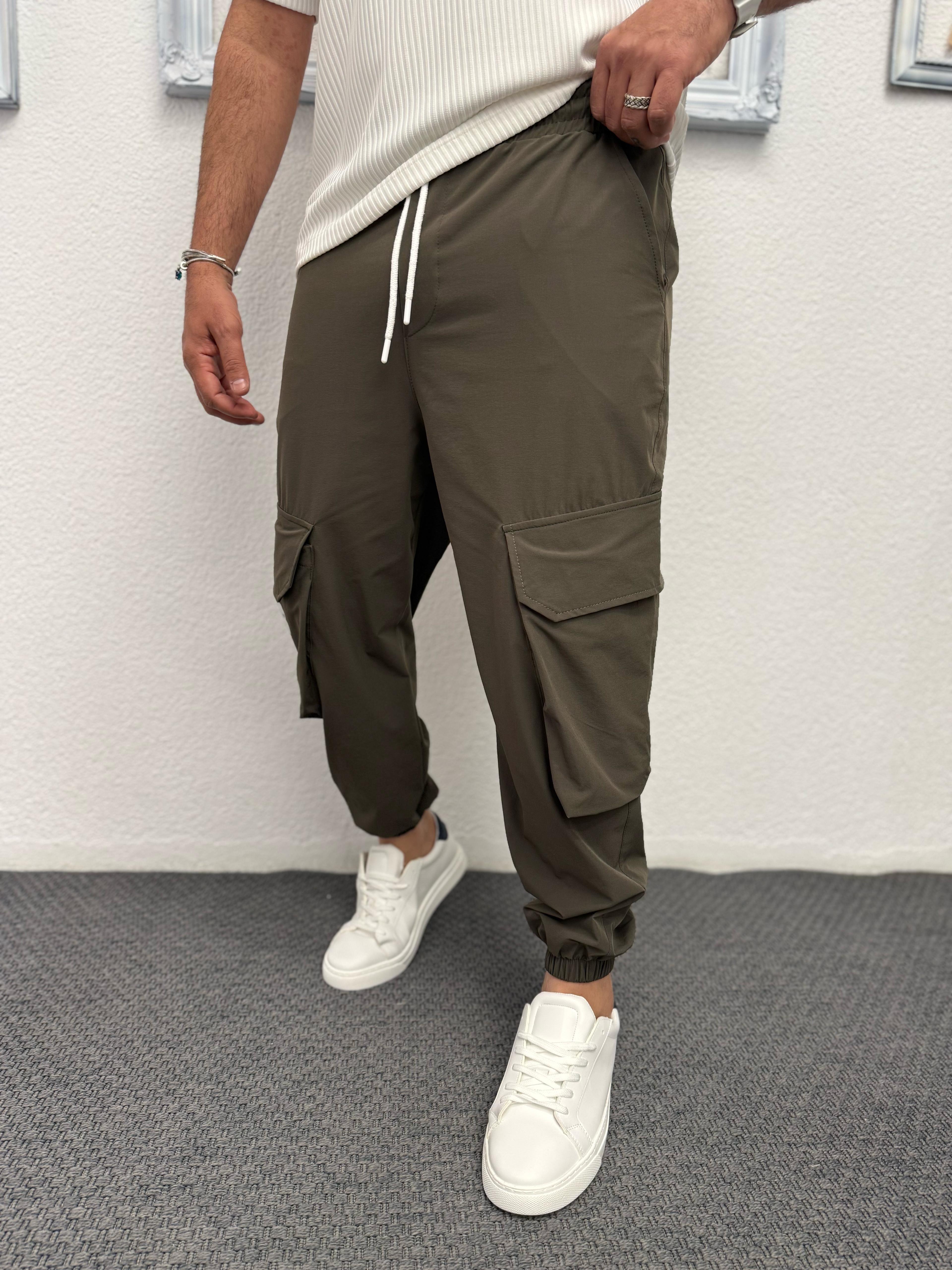 Baskı detaylı Likralı Paça Lastik Jogger Haki