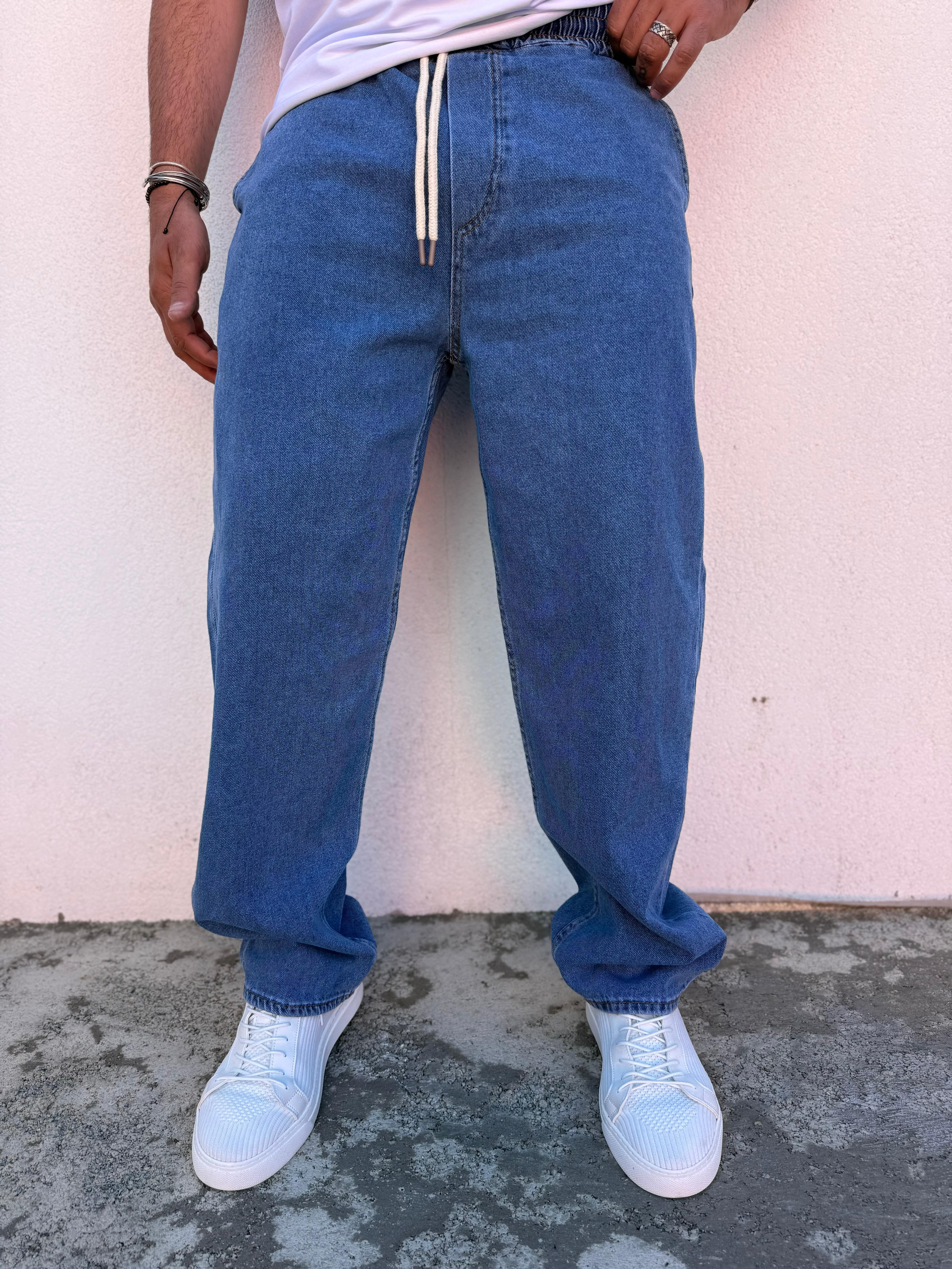 Beli Lastikli Baggy Pantolon Koyu Mavi