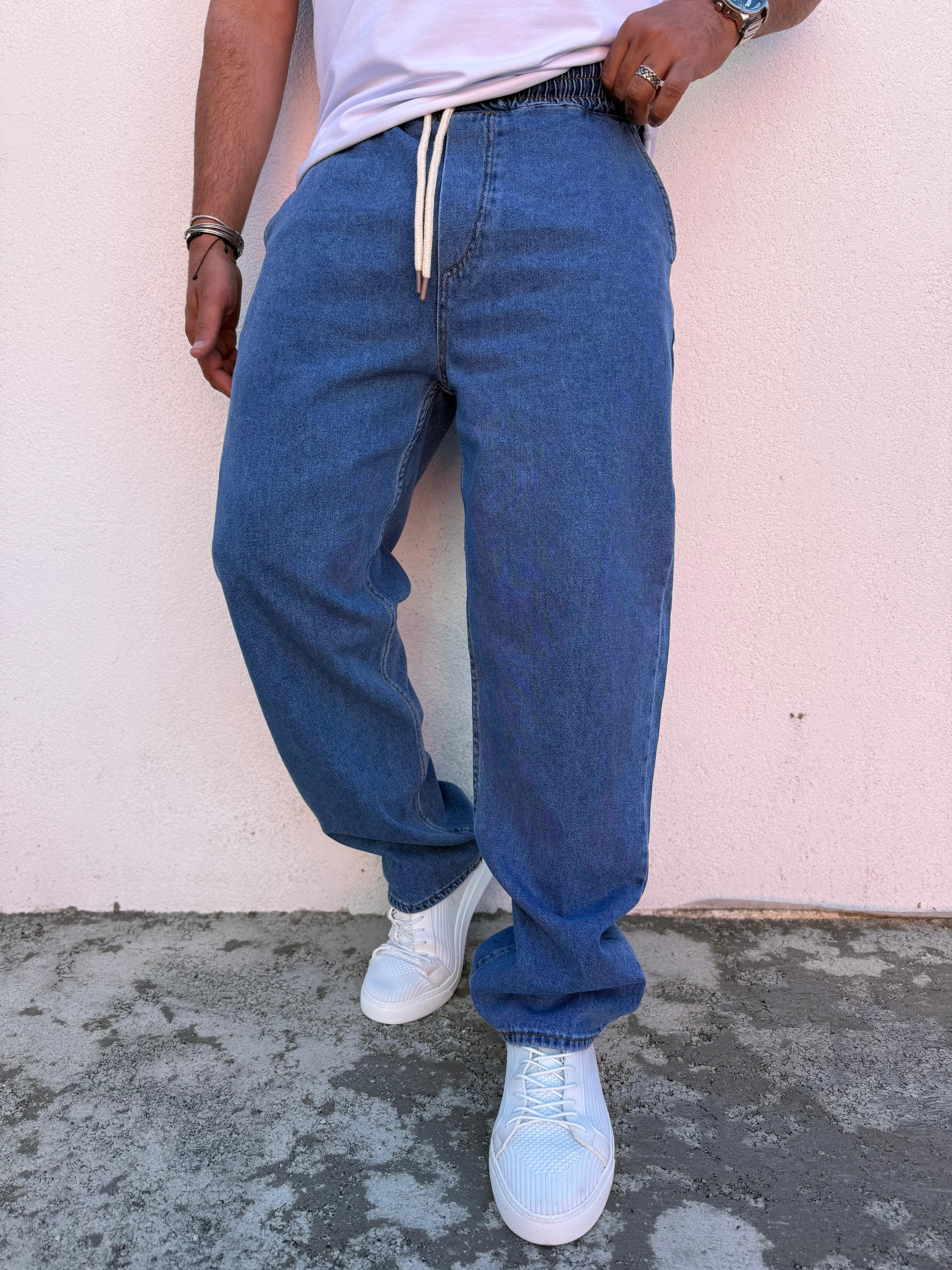 Beli Lastikli Baggy Pantolon Koyu Mavi