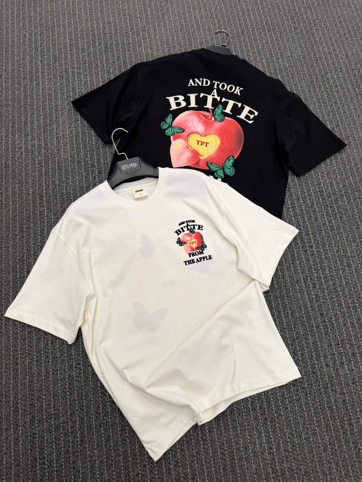Bıtte Apple Desenli Oversize Tişört Beyaz