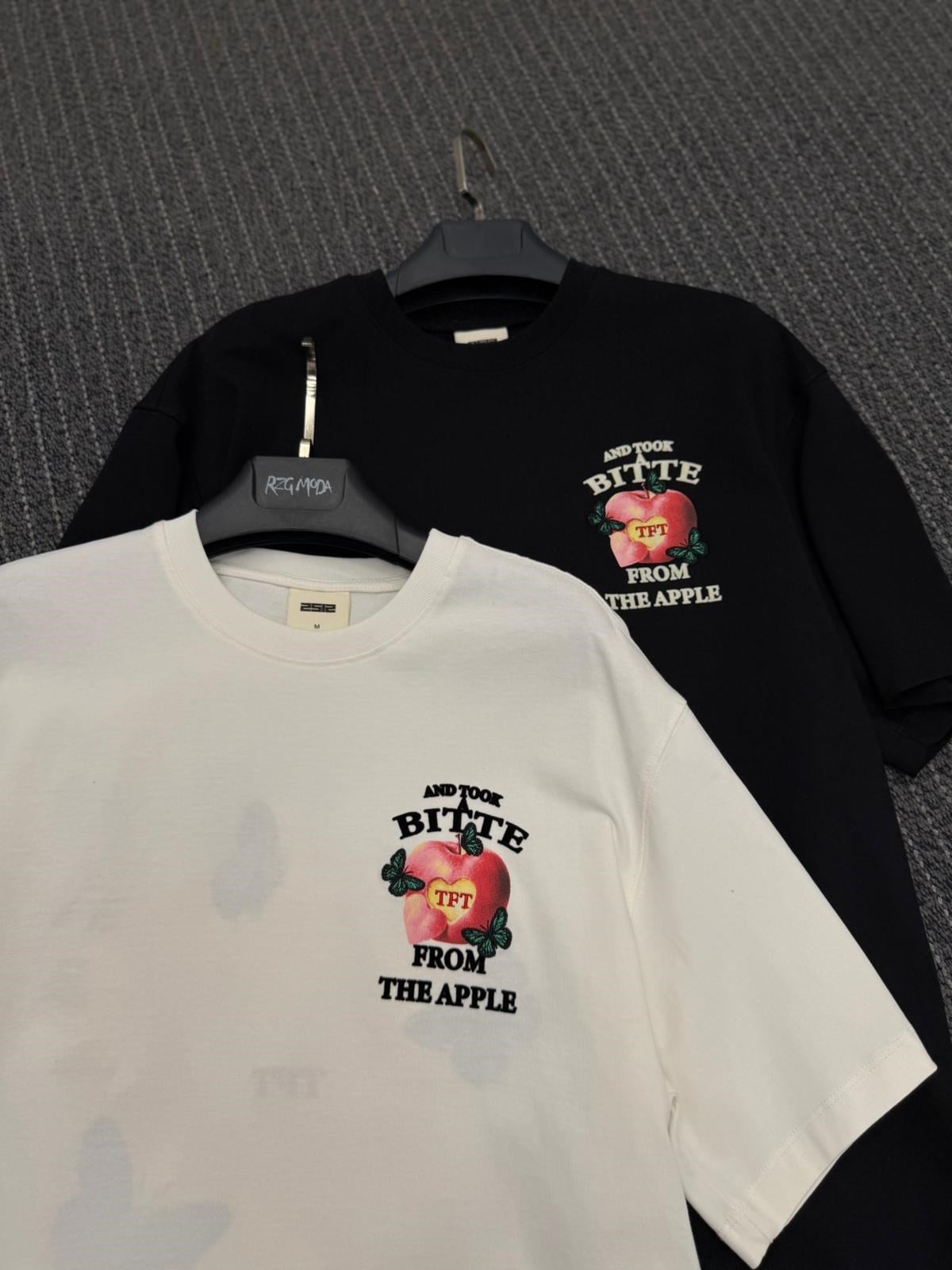 Bıtte Apple Desenli Oversize Tişört Siyah