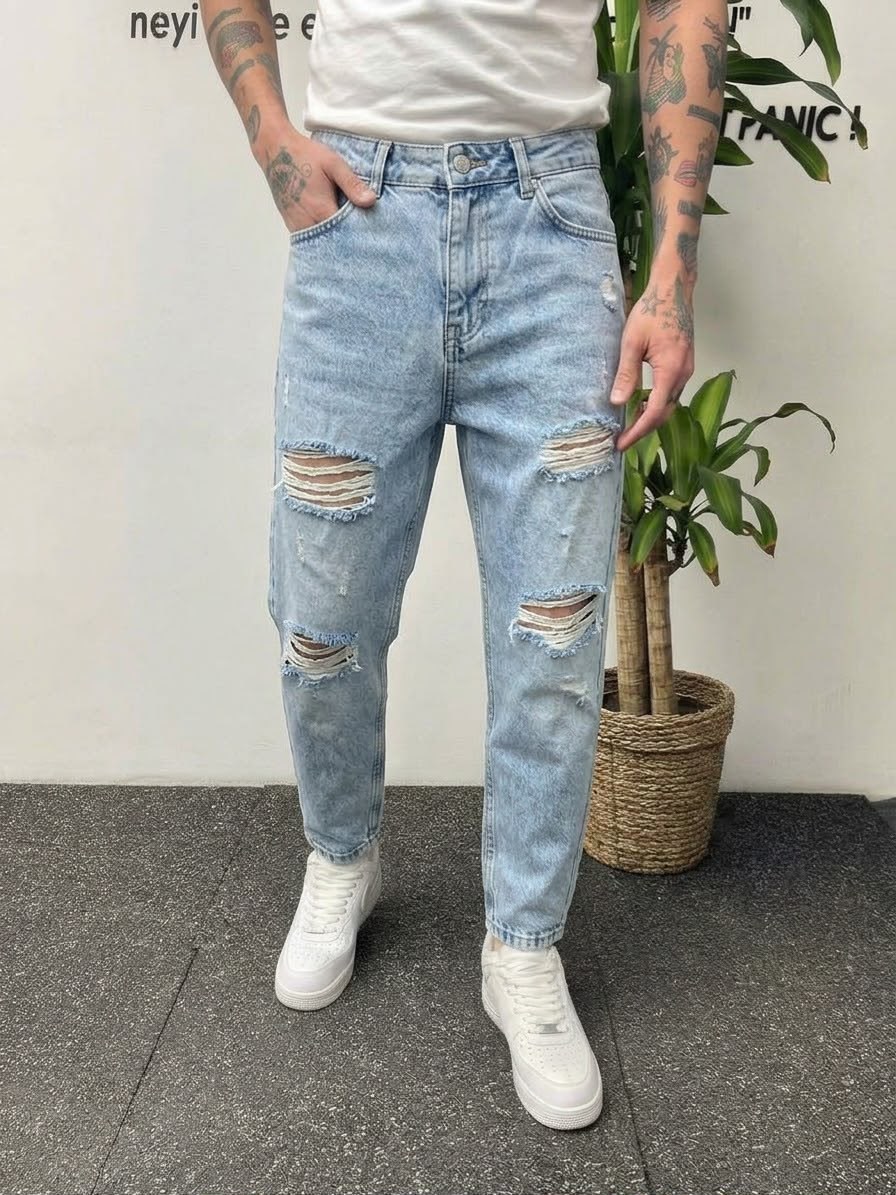 Boyfriend Yırtık Desen Buz Mavi