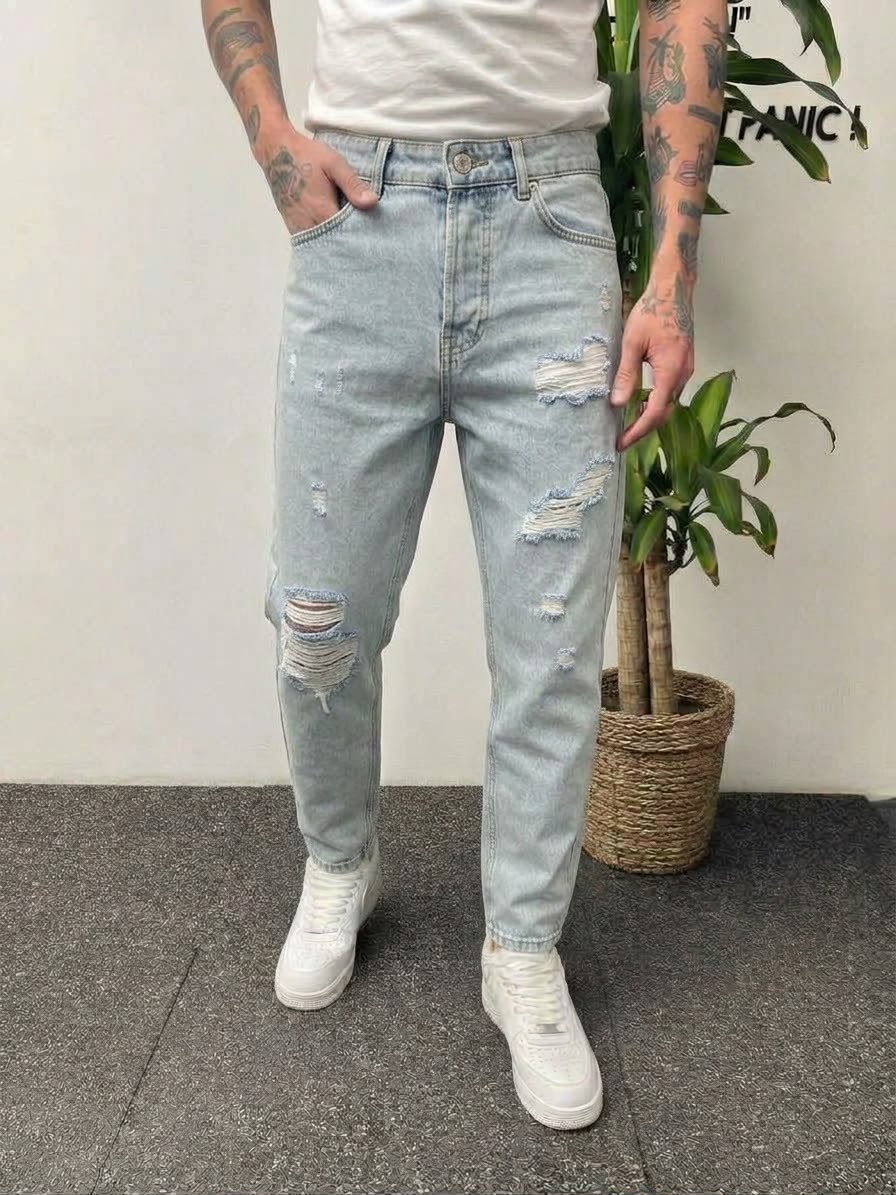 Boyfriend Yırtık Desen Buz Mavi