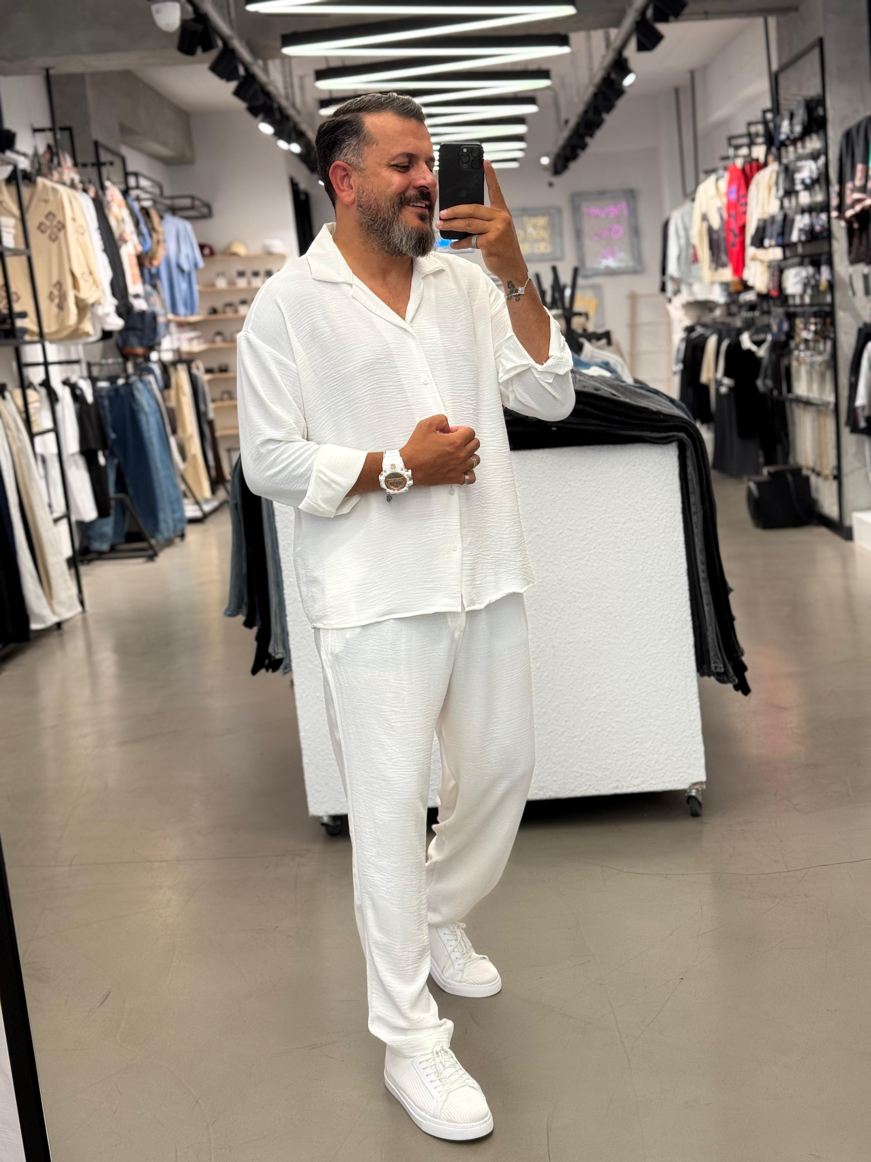 Freş Kumaş Takım Baggy Pantolon Oversize Gömlek Beyaz
