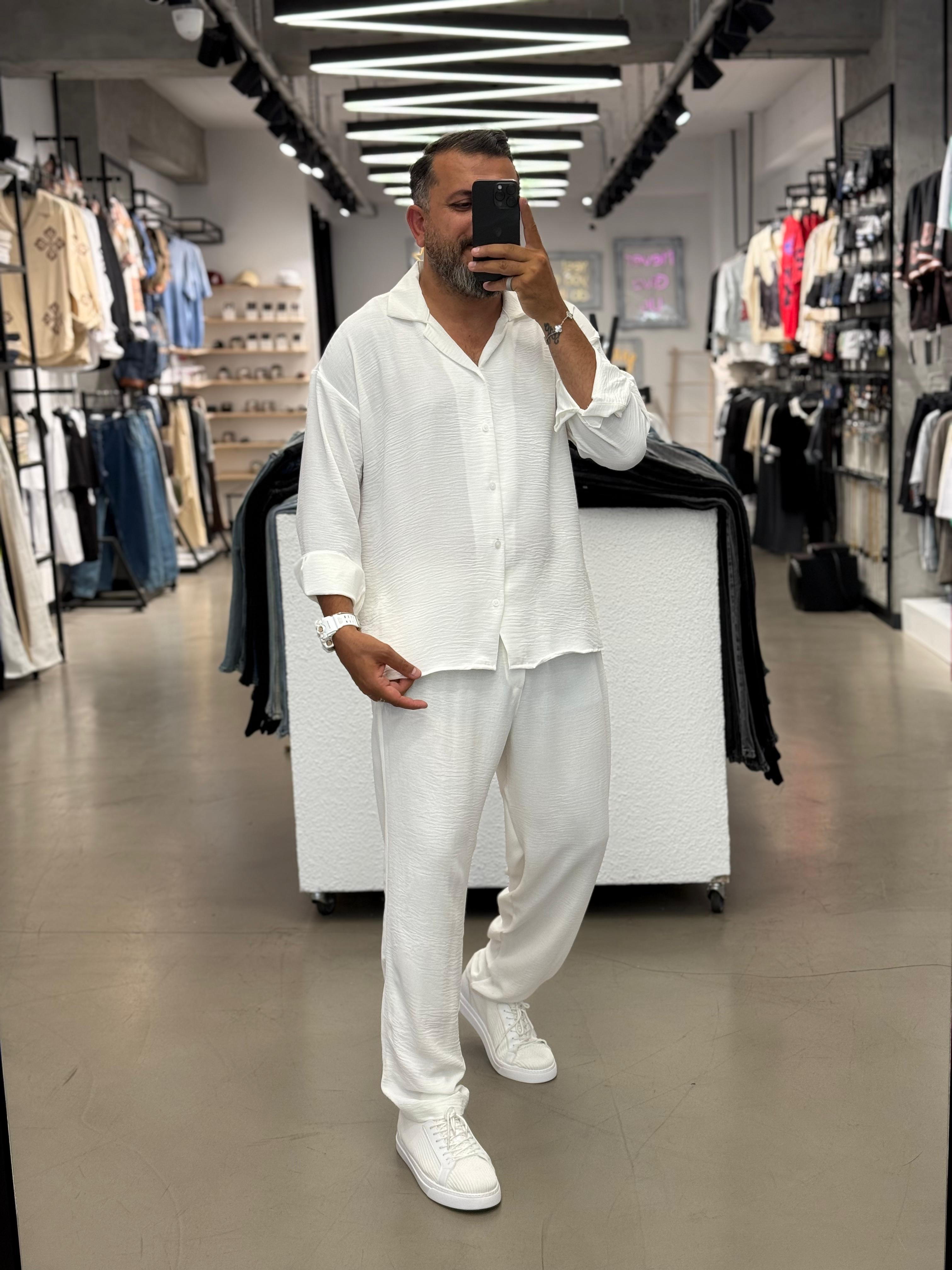 Freş Kumaş Takım Baggy Pantolon Oversize Gömlek Beyaz