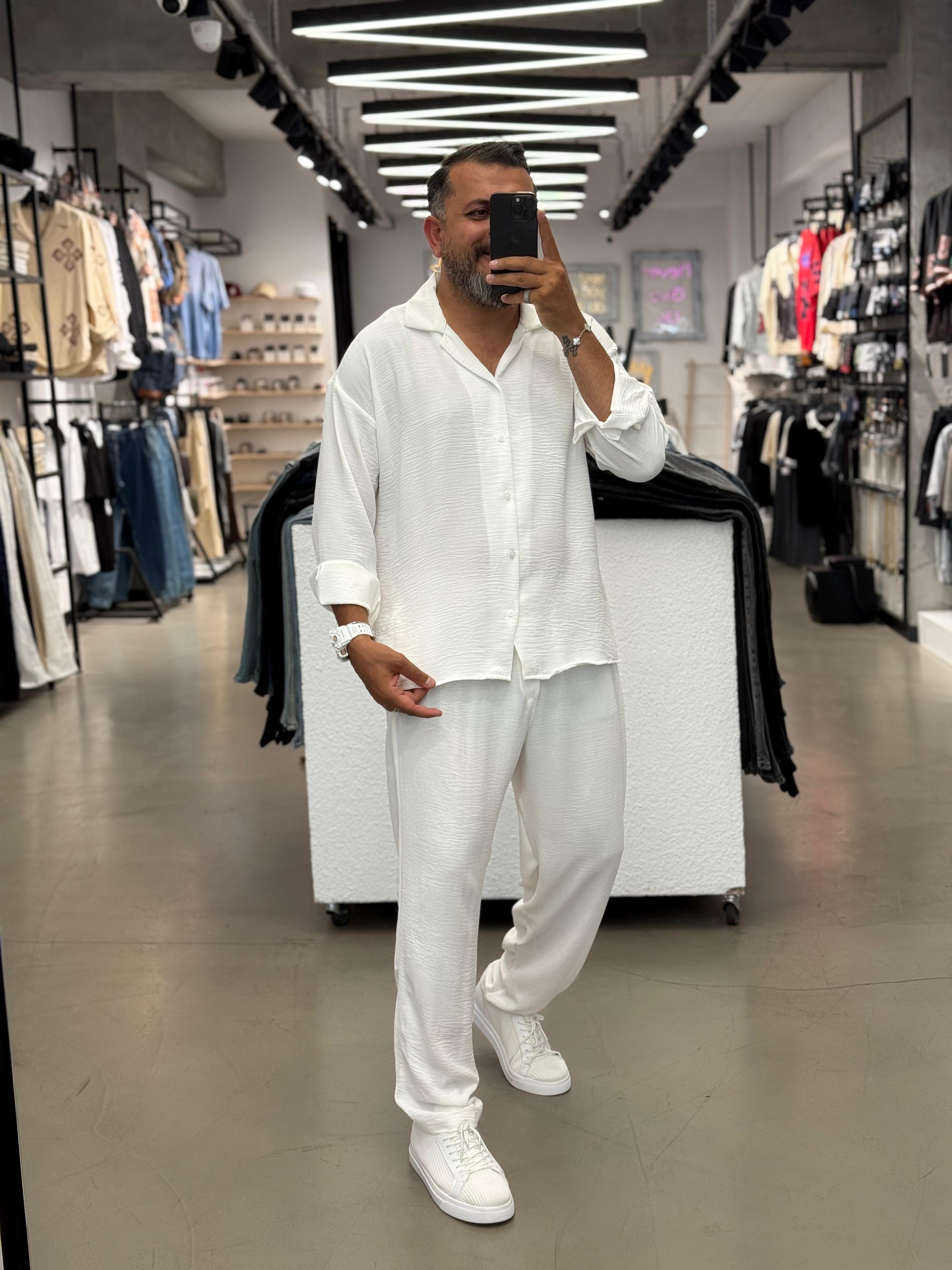 Freş Kumaş Takım Baggy Pantolon Oversize Gömlek Beyaz