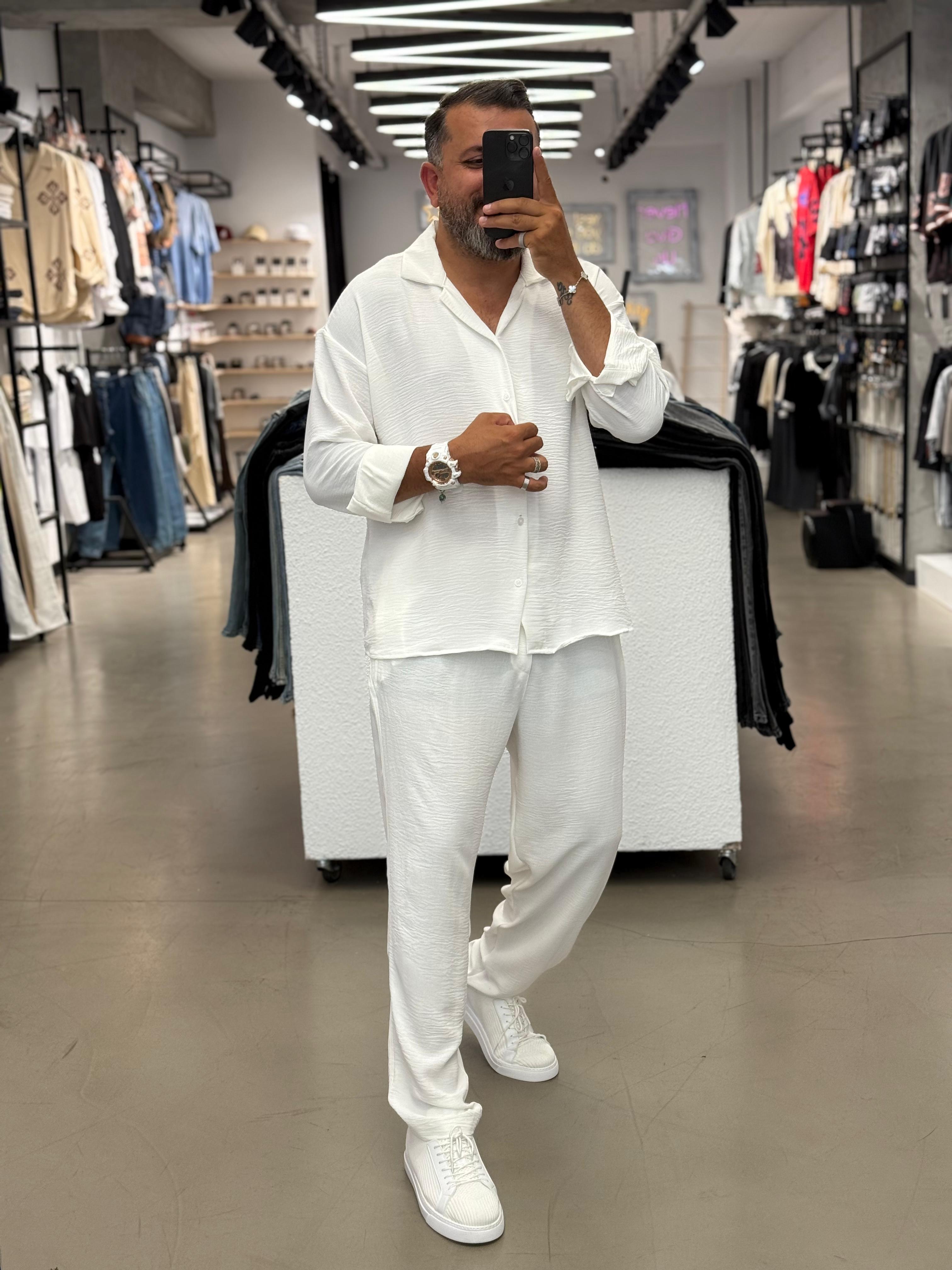 Freş Kumaş Takım Baggy Pantolon Oversize Gömlek Beyaz