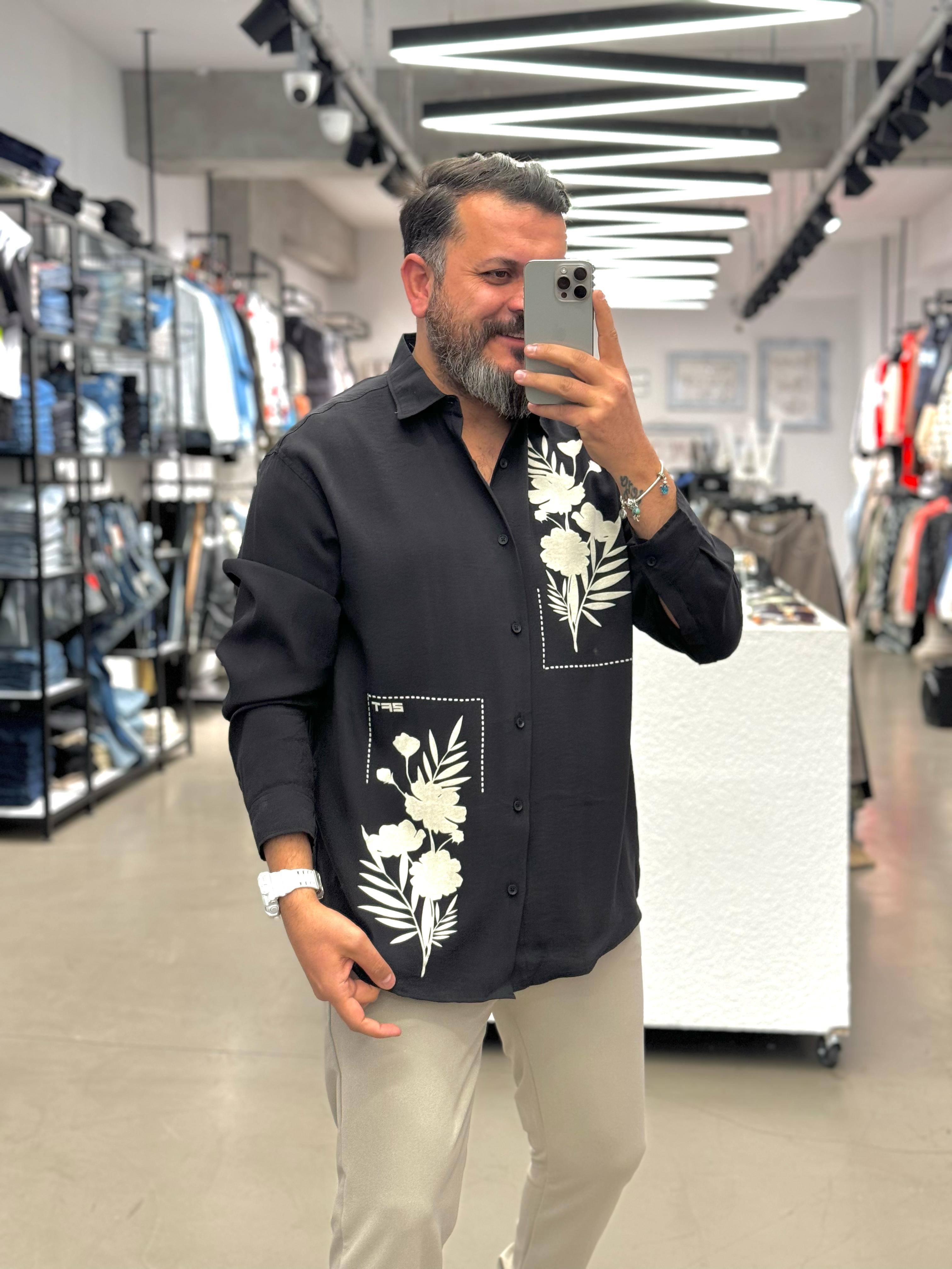 Fresh Keten Kumaş Oversize Baskı Detatylı Siyah
