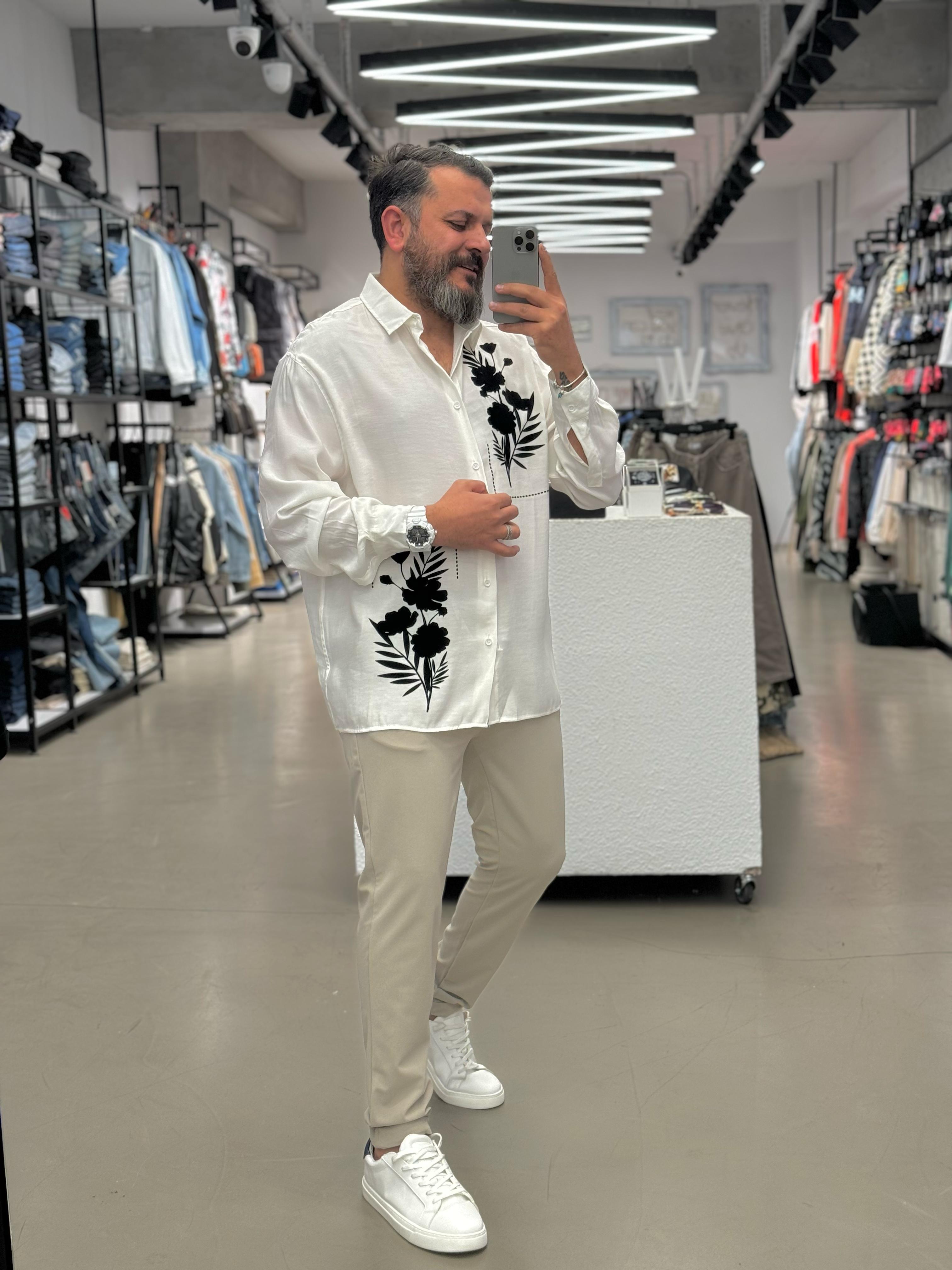 Fresh Keten Kumaş Oversize Baskı Detatylı Beyaz