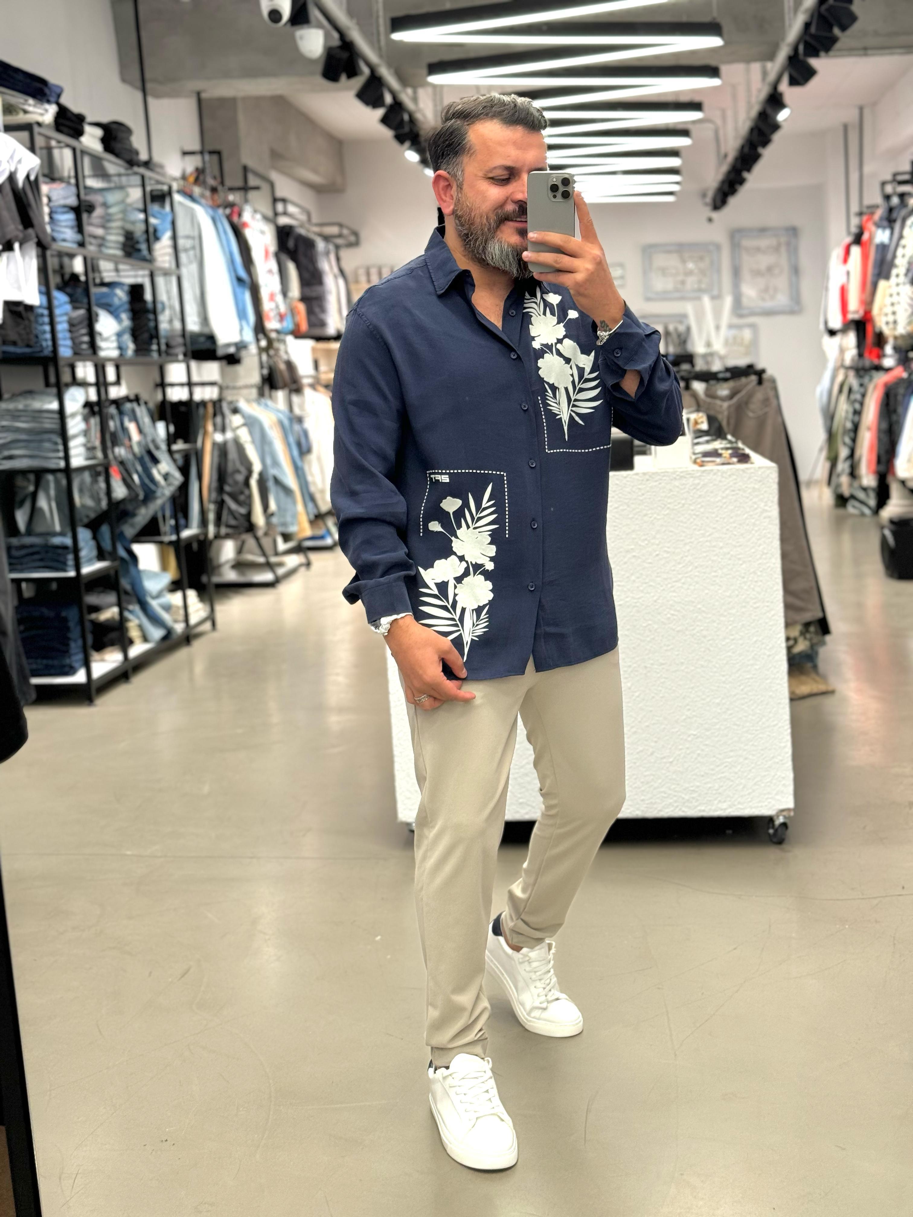 Fresh Keten Kumaş Oversize Baskı Detatylı Lacivert 