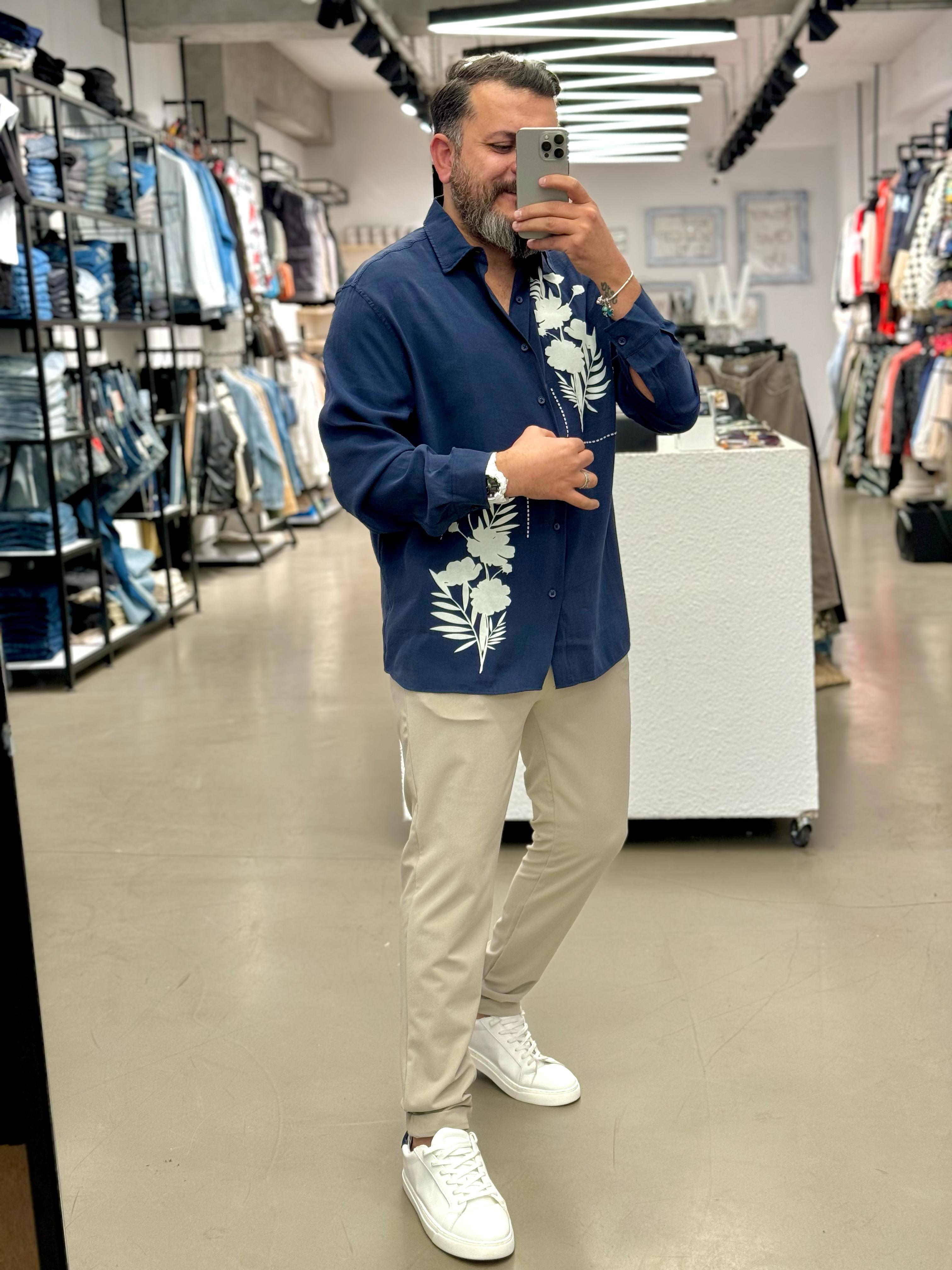 Fresh Keten Kumaş Oversize Baskı Detatylı Lacivert 