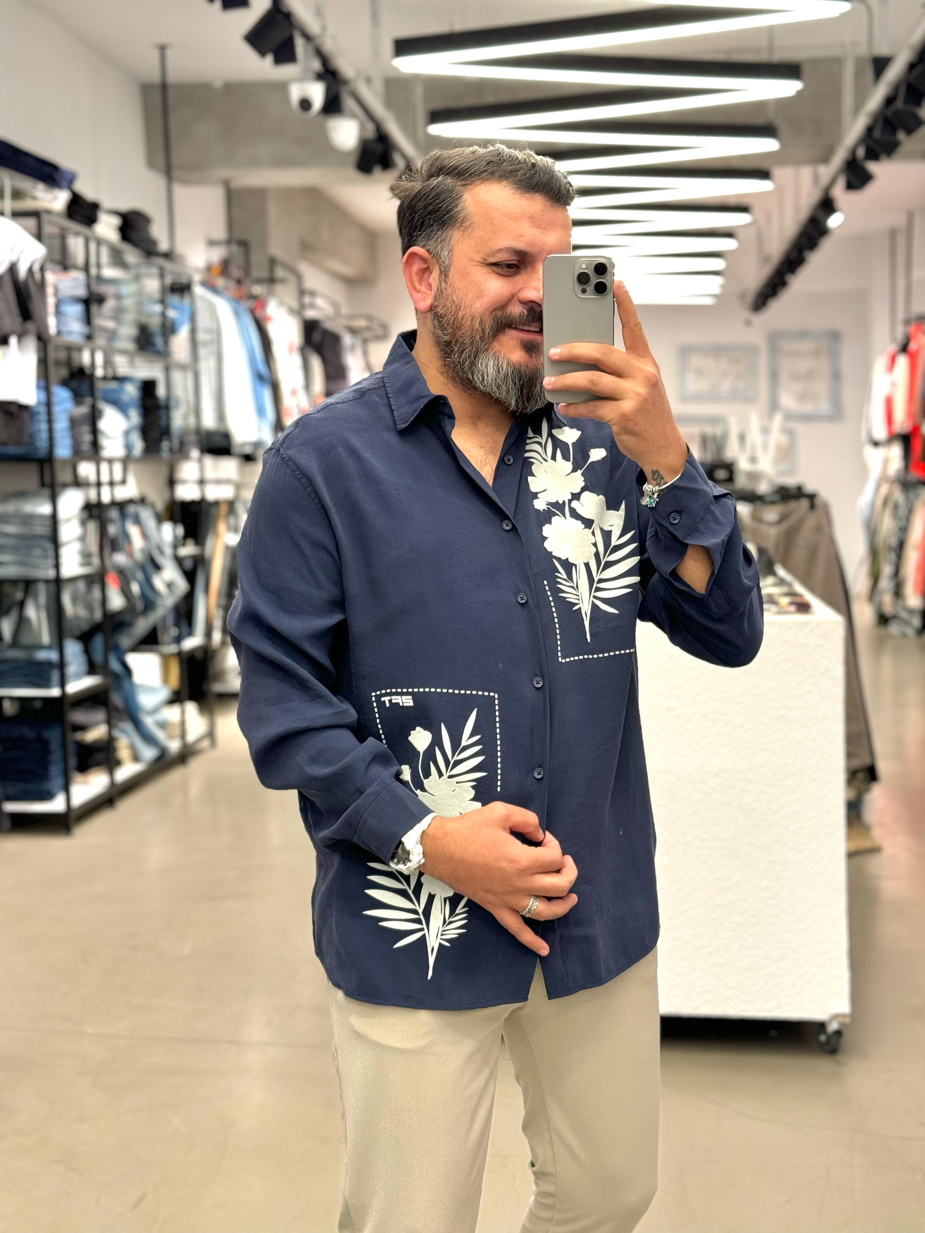 Fresh Keten Kumaş Oversize Baskı Detatylı Lacivert 