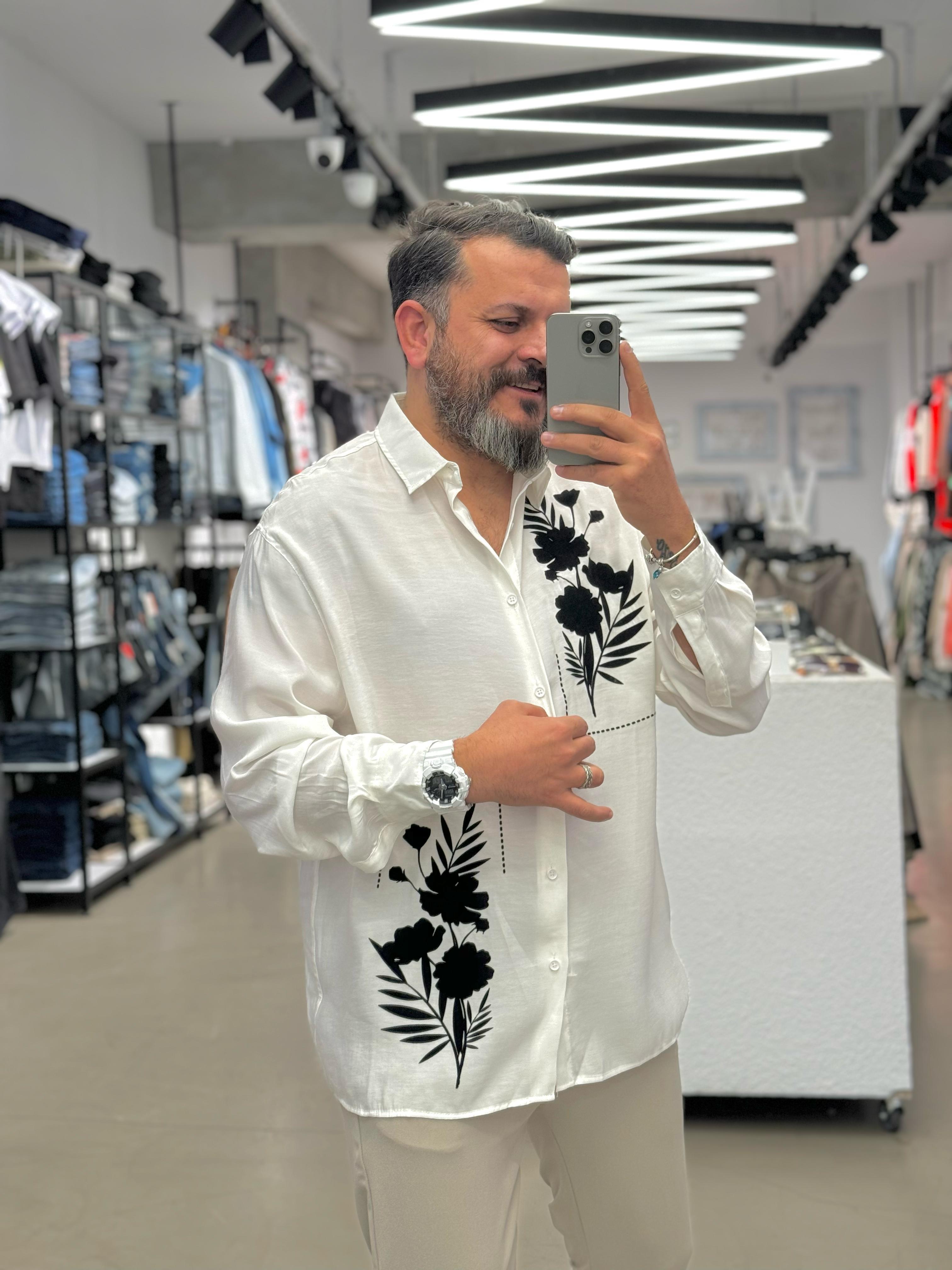 Fresh Keten Kumaş Oversize Baskı Detatylı Beyaz