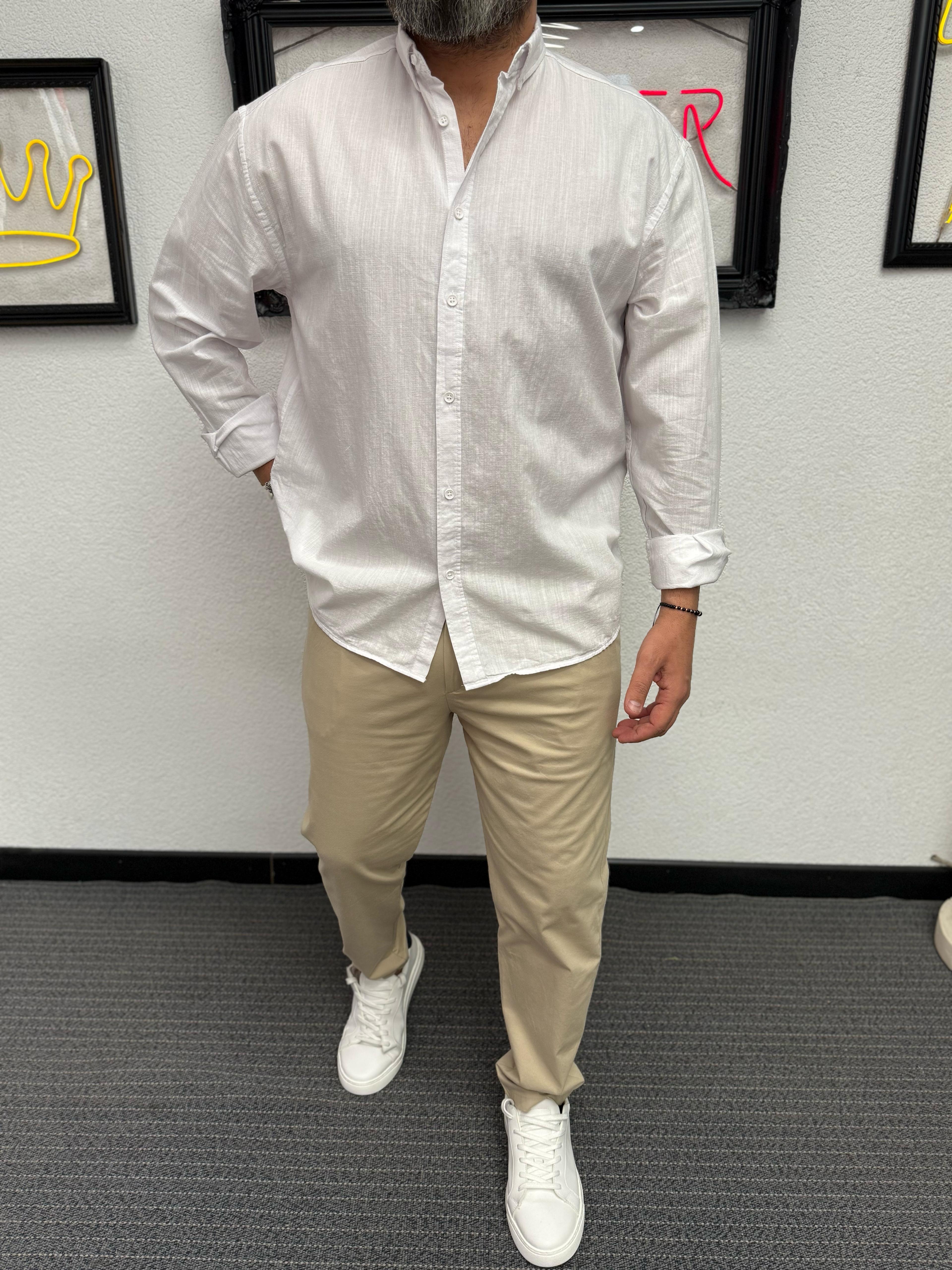 Fresh Keten Kumaş Oversize Beyaz Gömlek 