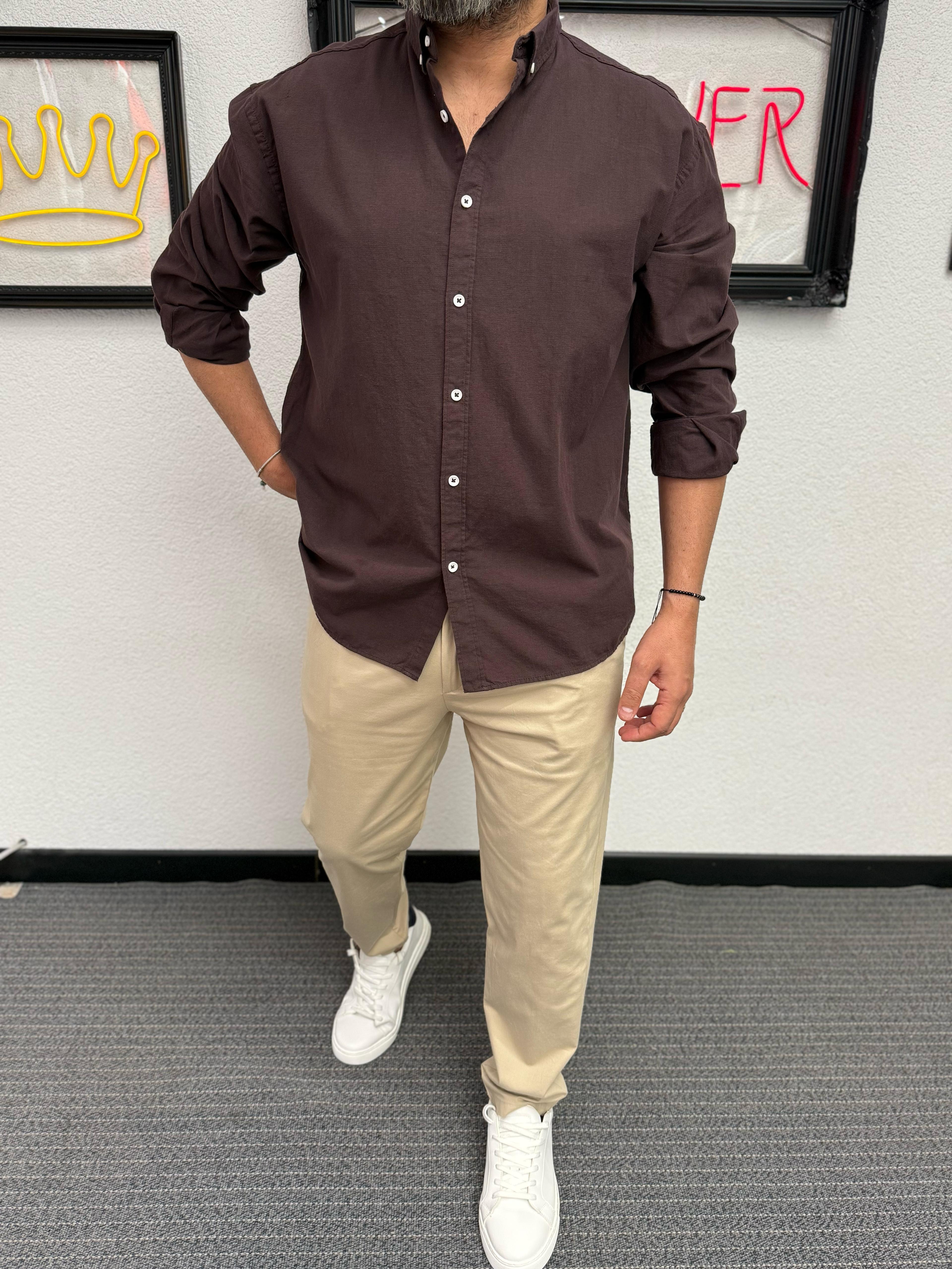 Fresh Keten Kumaş Oversize Kahve Gömlek 