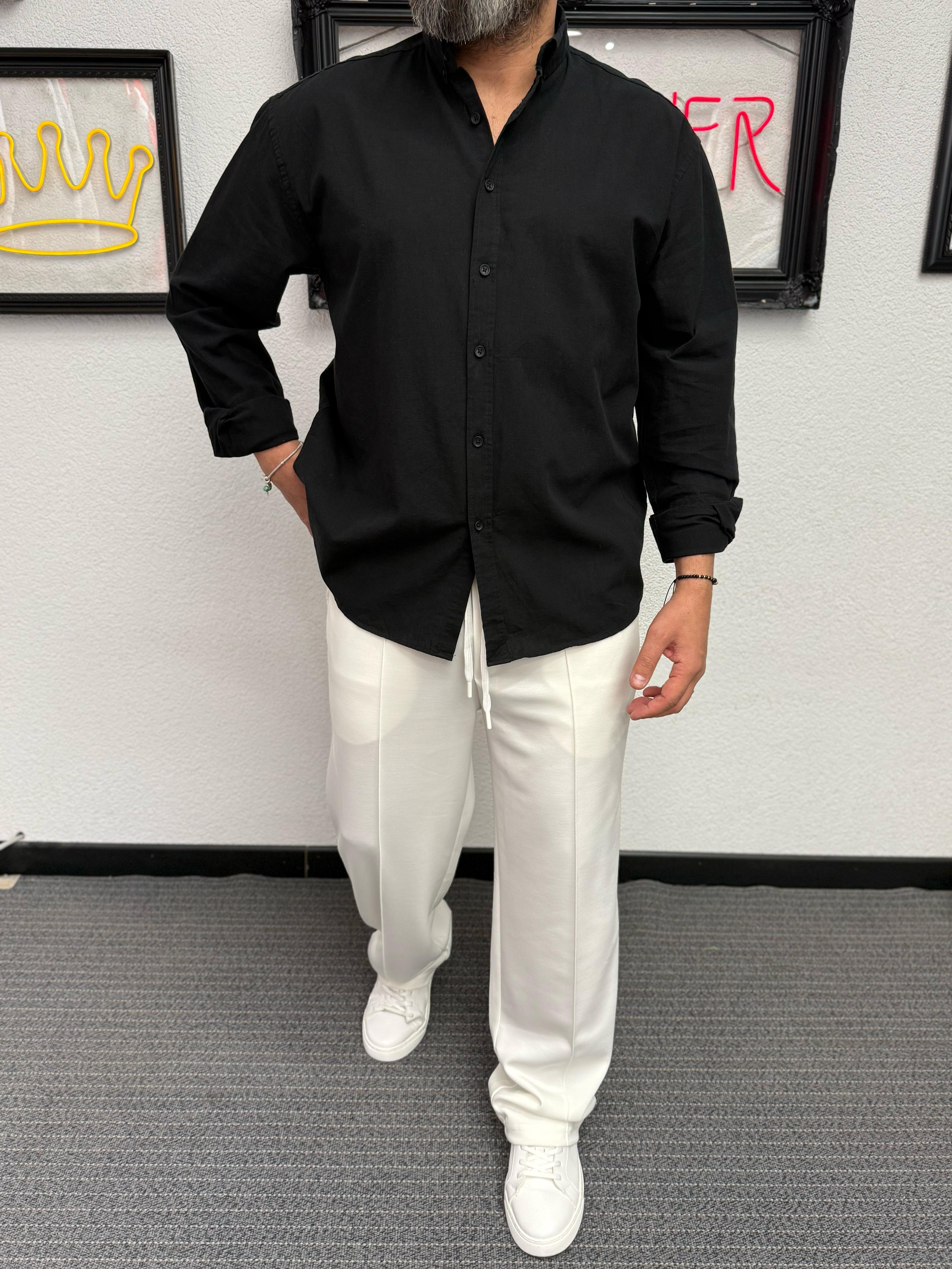 Fresh Keten Kumaş Oversize Siyah Gömlek 