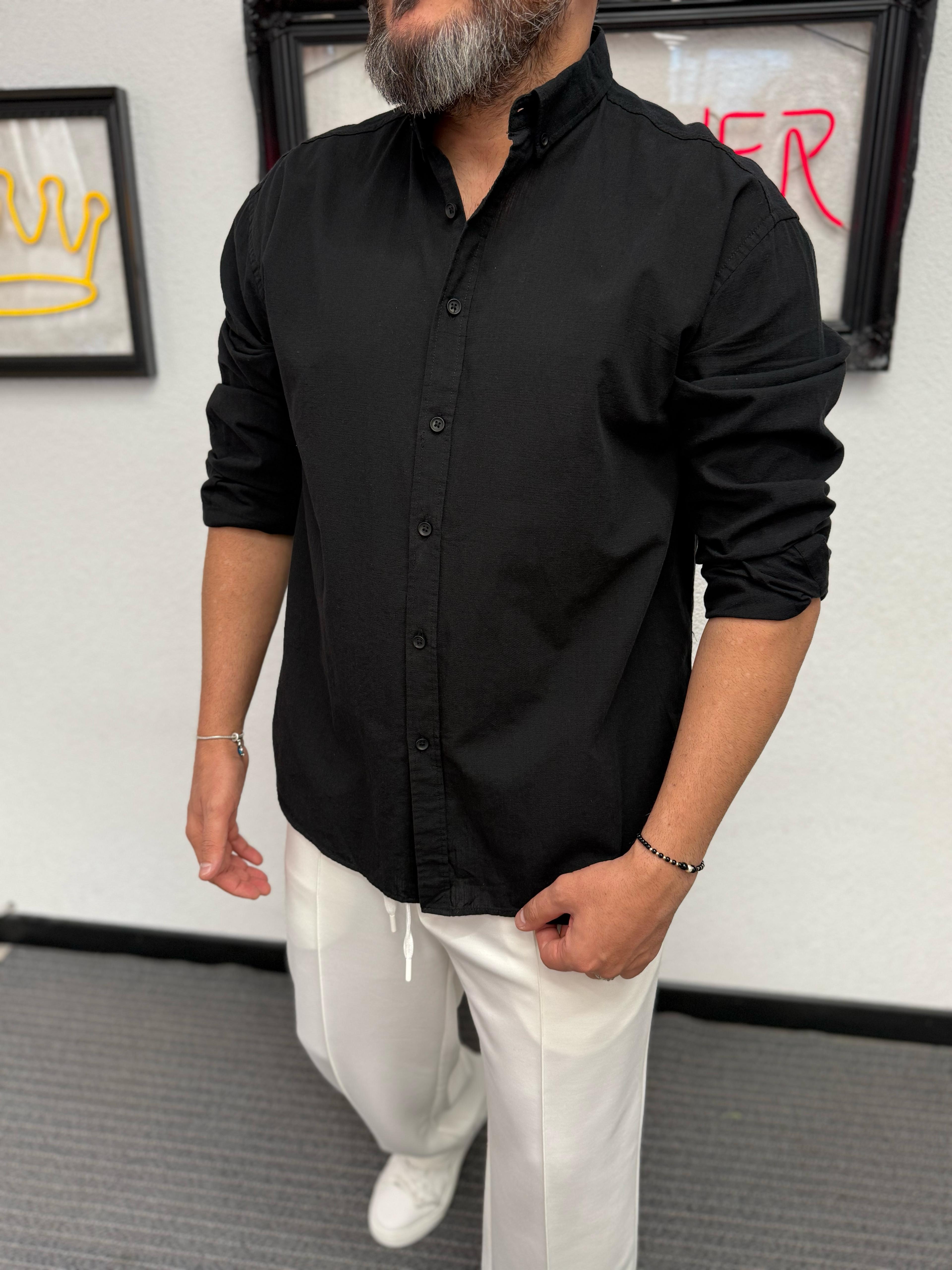 Fresh Keten Kumaş Oversize Siyah Gömlek 