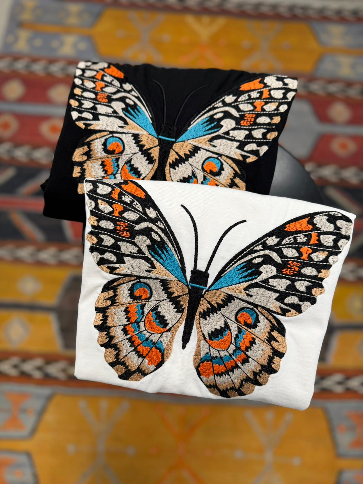 Ful Nakış Kelebek Oversize Tişört Beyaz