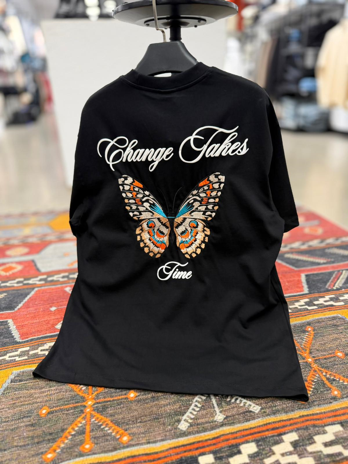 Ful Nakış Kelebek Oversize Tişört Siyah