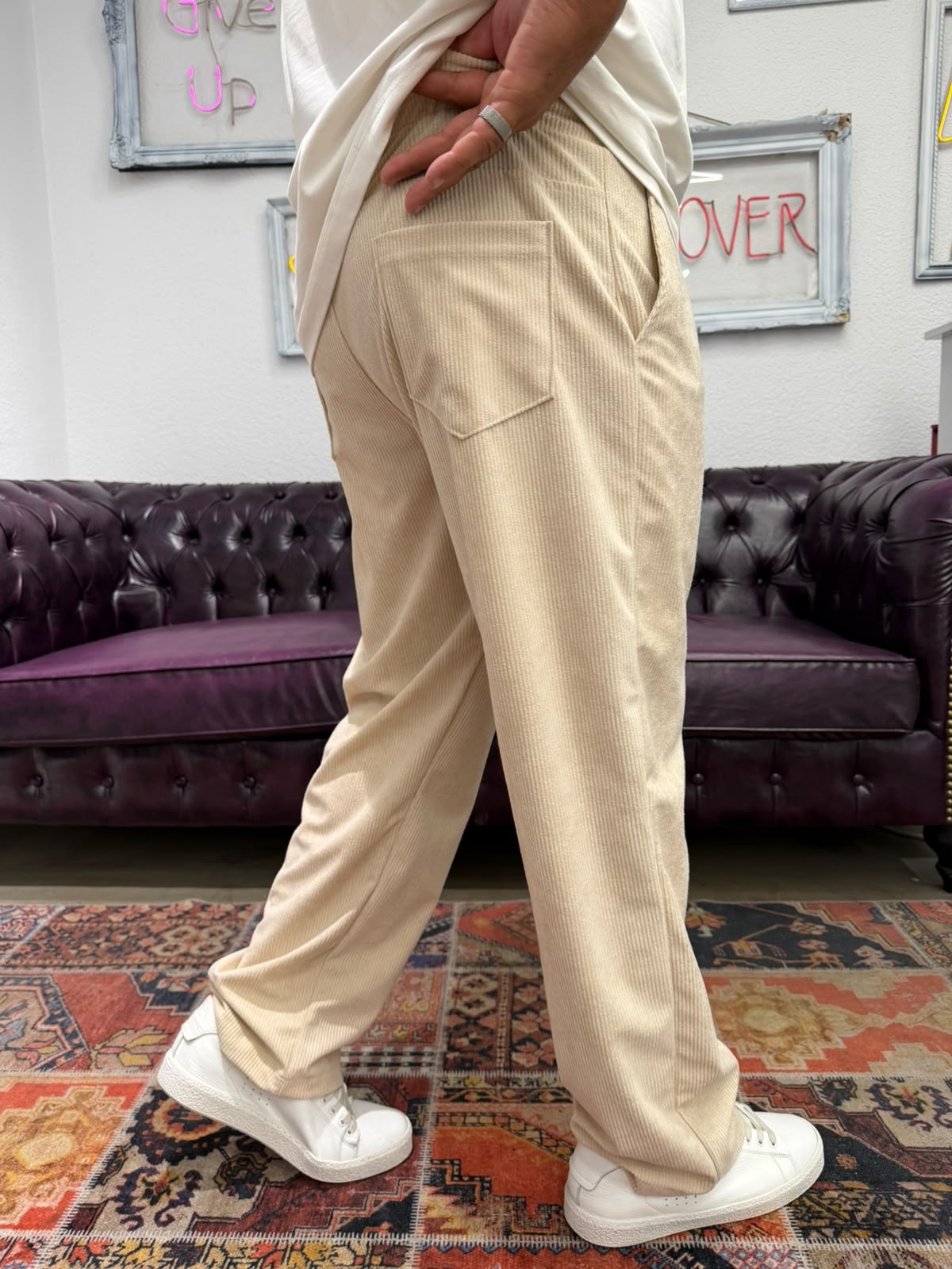 Kadife Baggy Pantolon Beli Lastikli Bej
