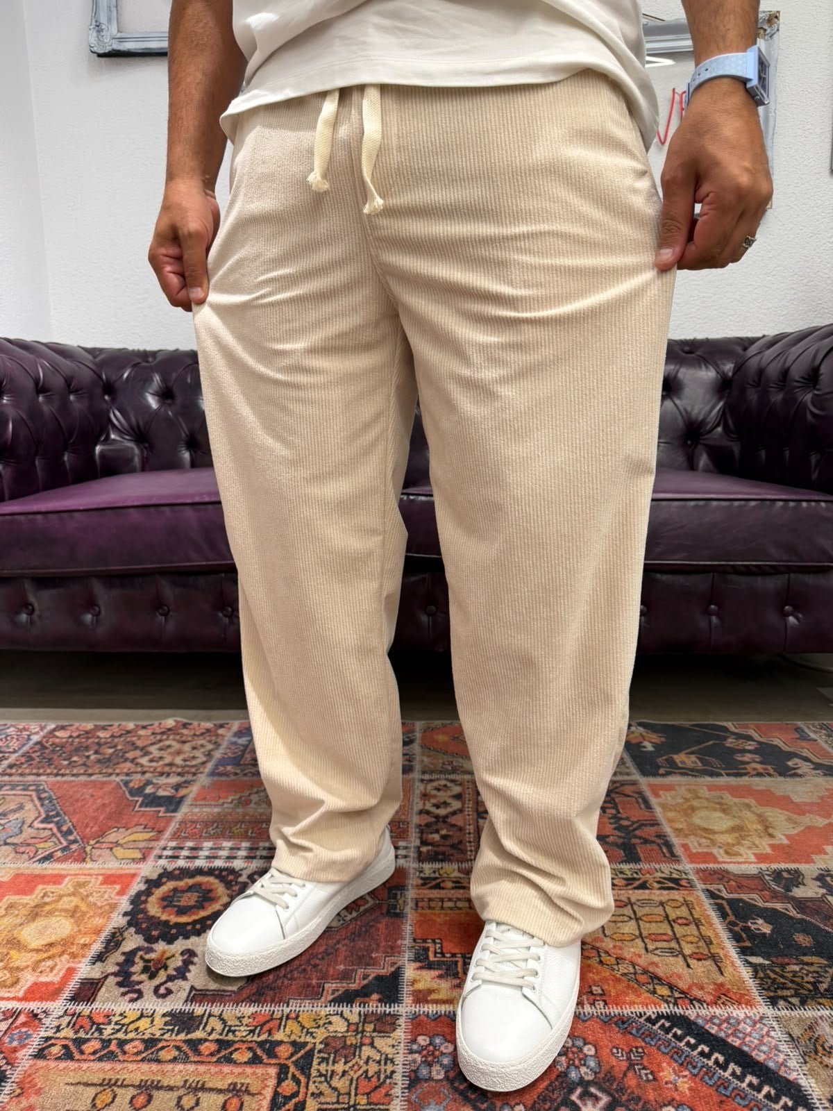 Kadife Baggy Pantolon Beli Lastikli Bej
