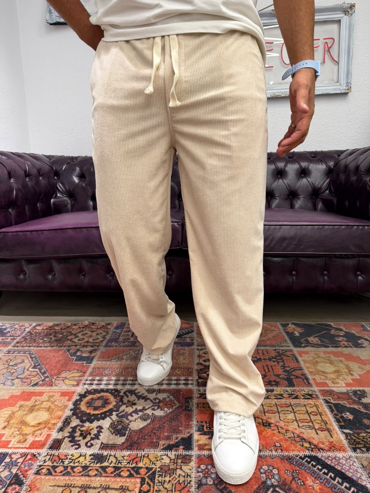 Kadife Baggy Pantolon Beli Lastikli Bej
