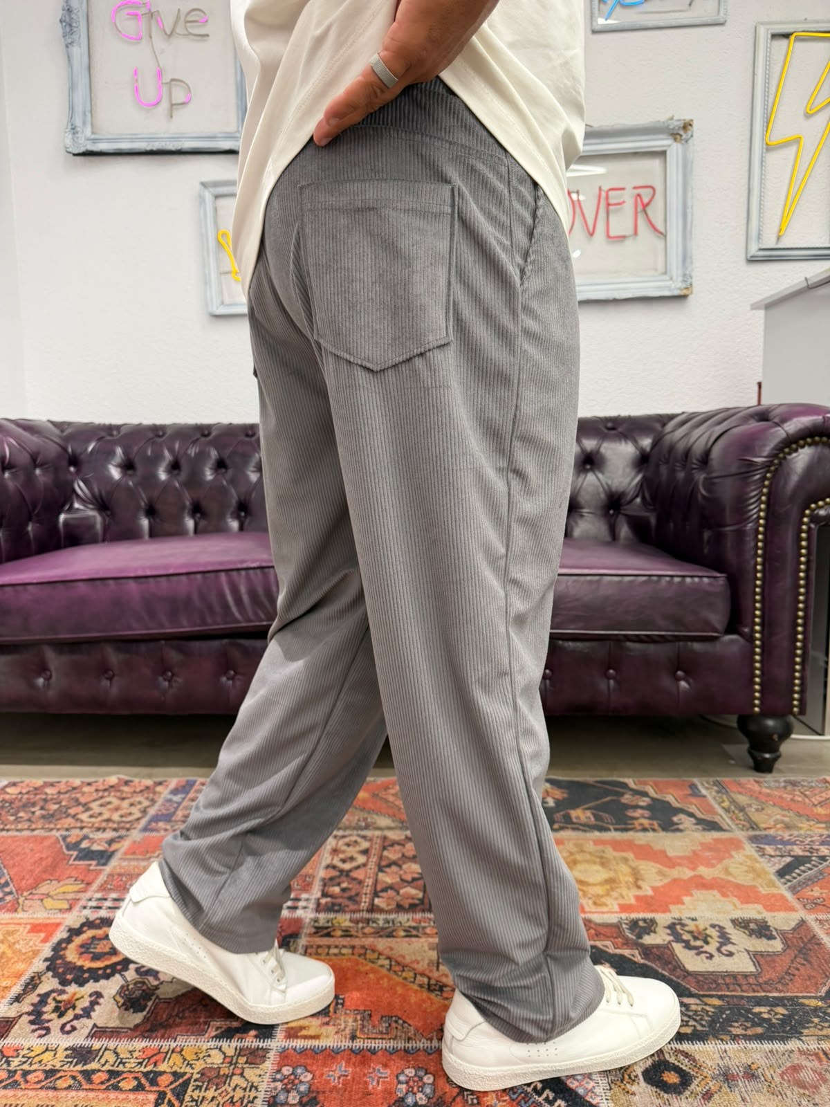Kadife Baggy Pantolon Beli Lastikli Gri