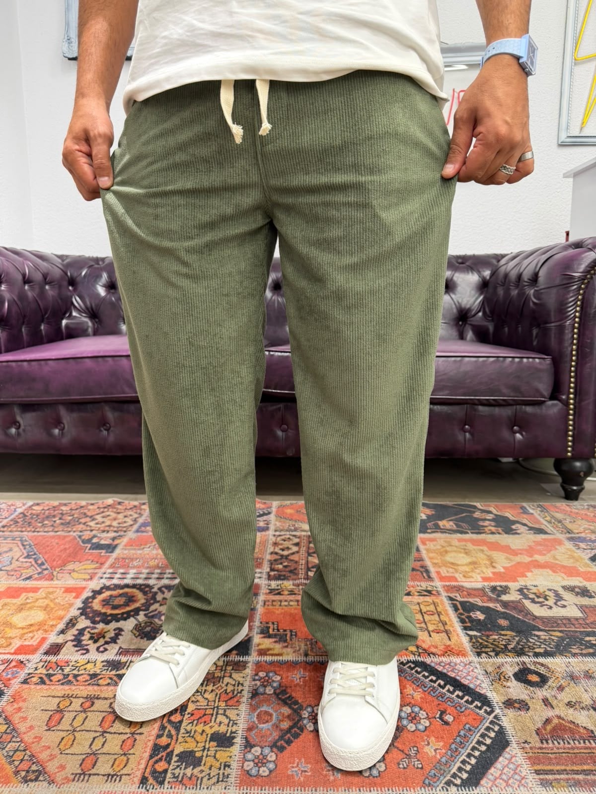 Kadife Baggy Pantolon Beli Lastikli Haki