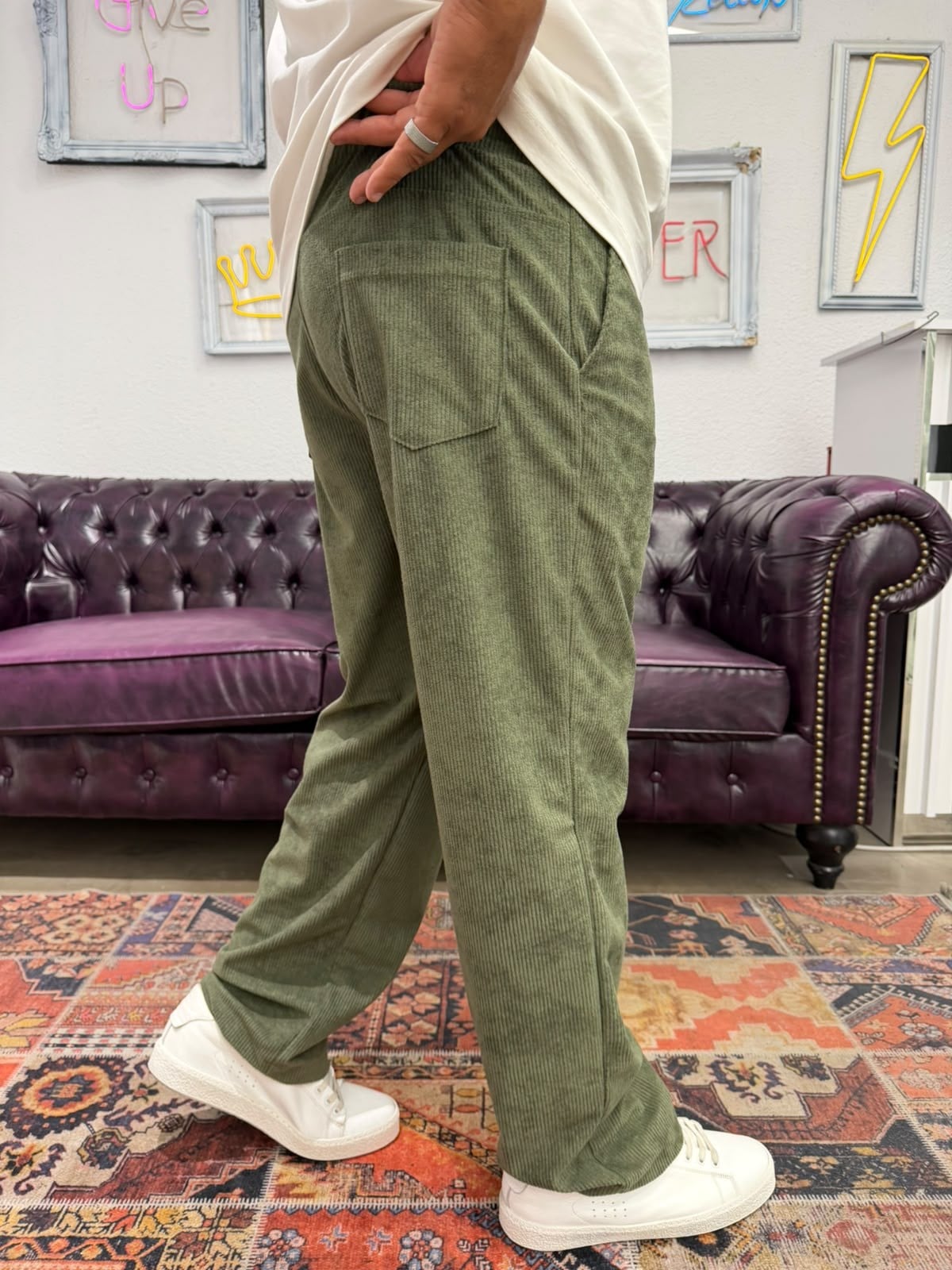 Kadife Baggy Pantolon Beli Lastikli Haki