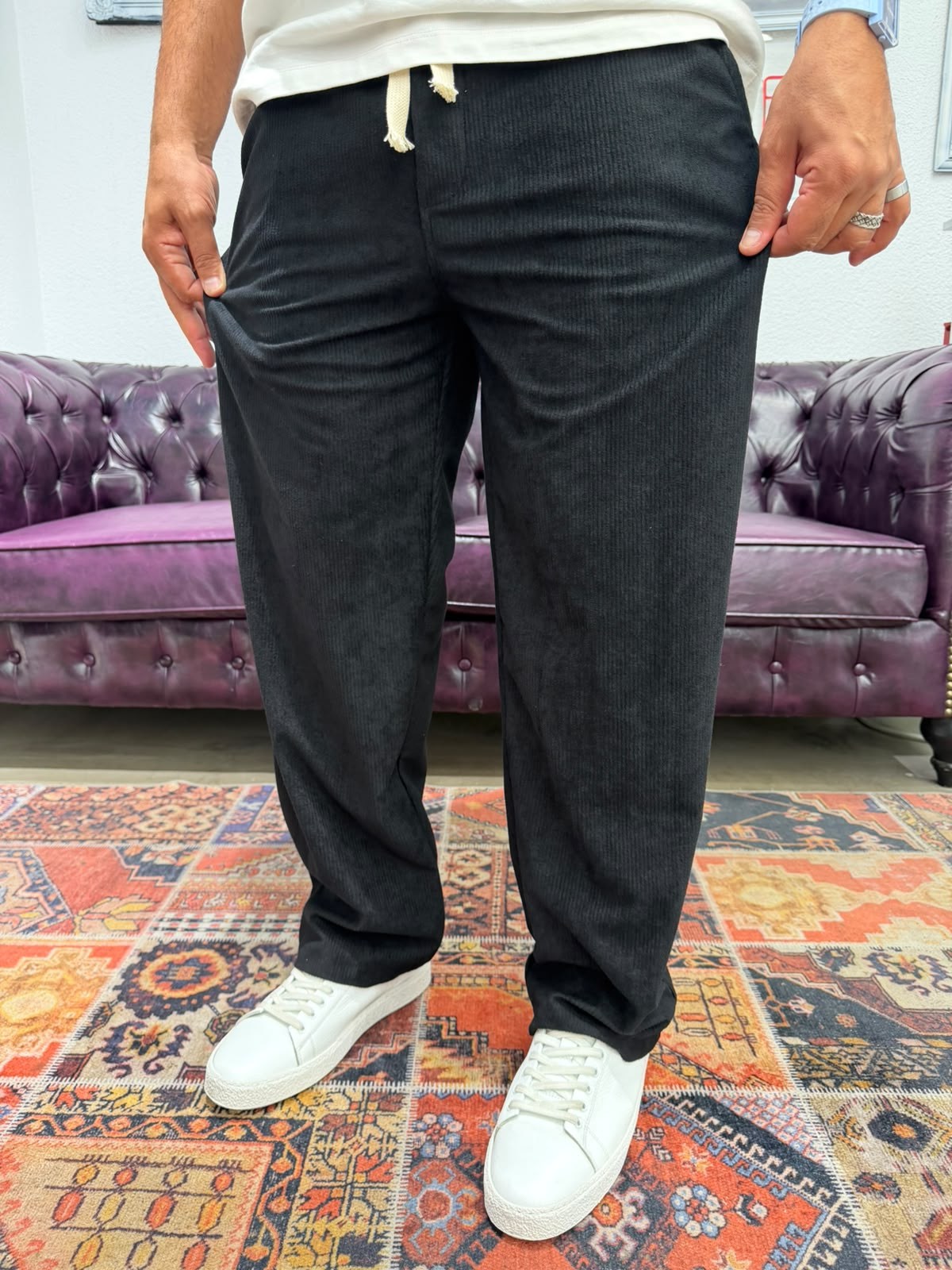 Kadife Baggy Pantolon Beli Lastikli Siyah