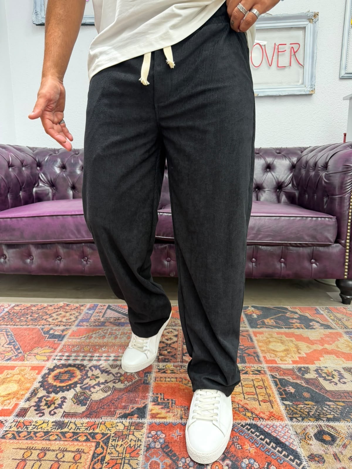 Kadife Baggy Pantolon Beli Lastikli Siyah