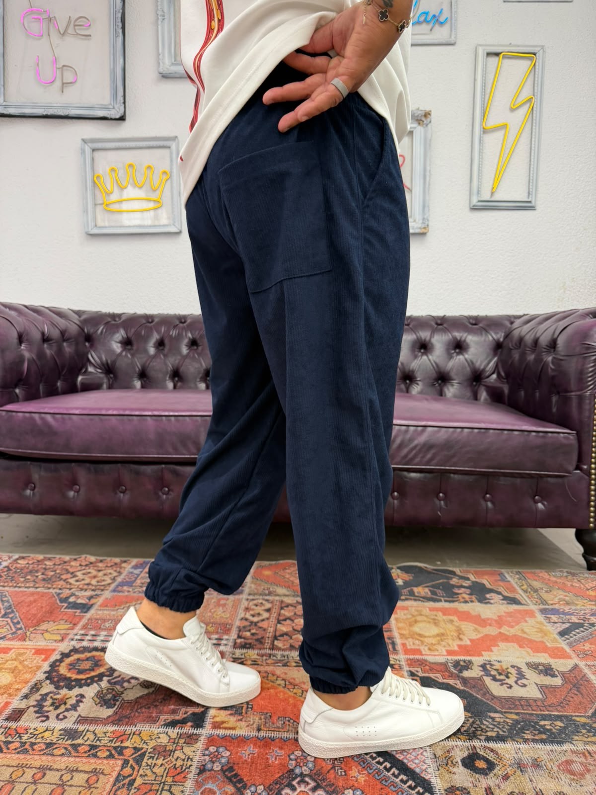 Kadife Bel ve Paça Lastikli Jogger Pantolon Lacivert