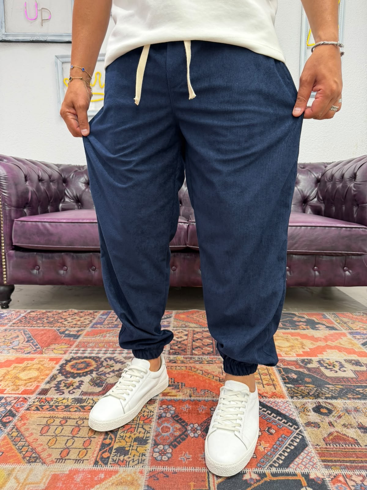 Kadife Bel ve Paça Lastikli Jogger Pantolon Lacivert