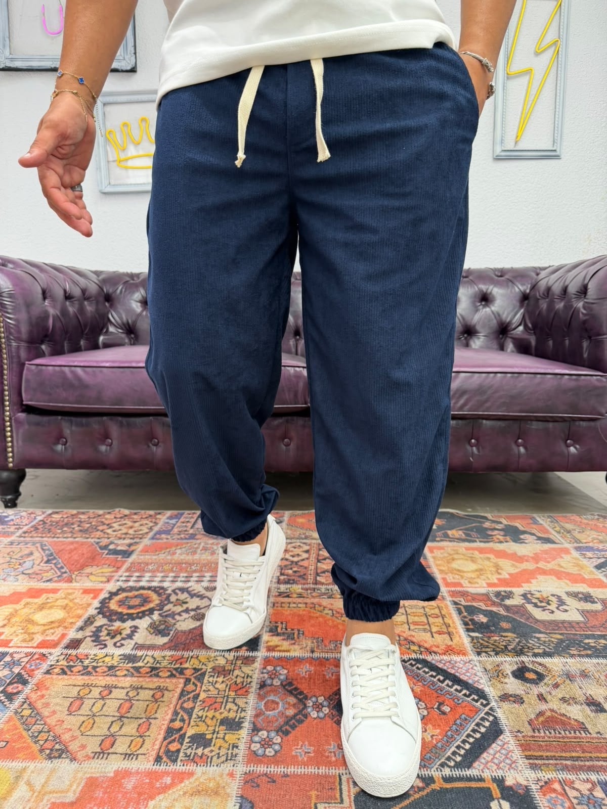 Kadife Bel ve Paça Lastikli Jogger Pantolon Lacivert