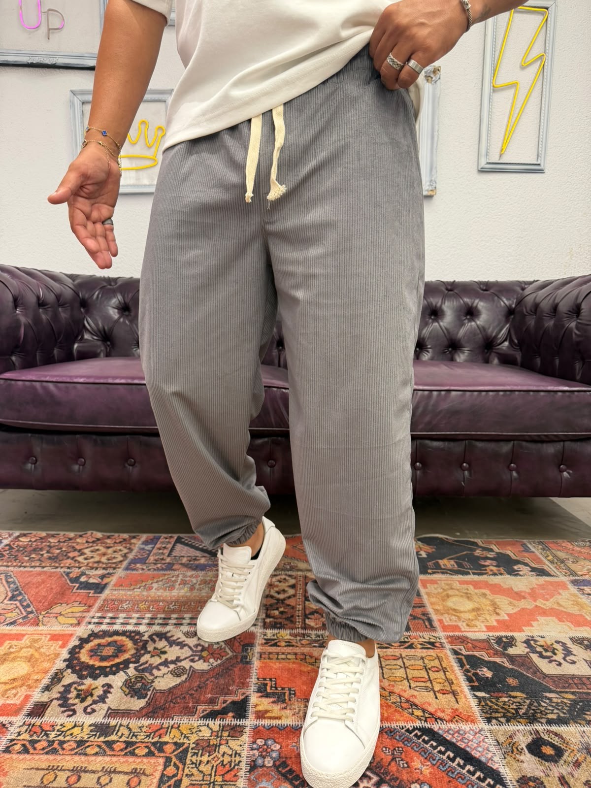 Kadife Bel ve Paça Lastikli Jogger Pantolon Gri