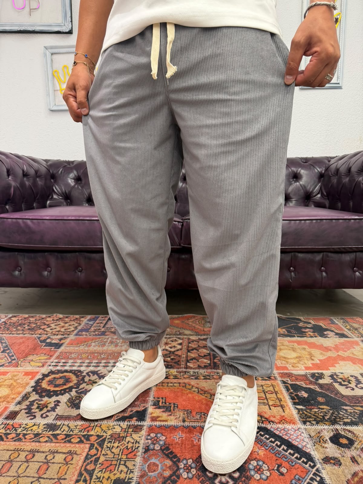 Kadife Bel ve Paça Lastikli Jogger Pantolon Gri