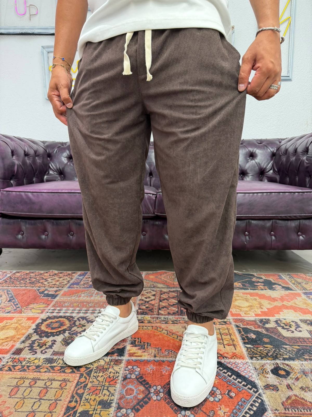 Kadife Bel ve Paça Lastikli Jogger Pantolon Acı Kahve