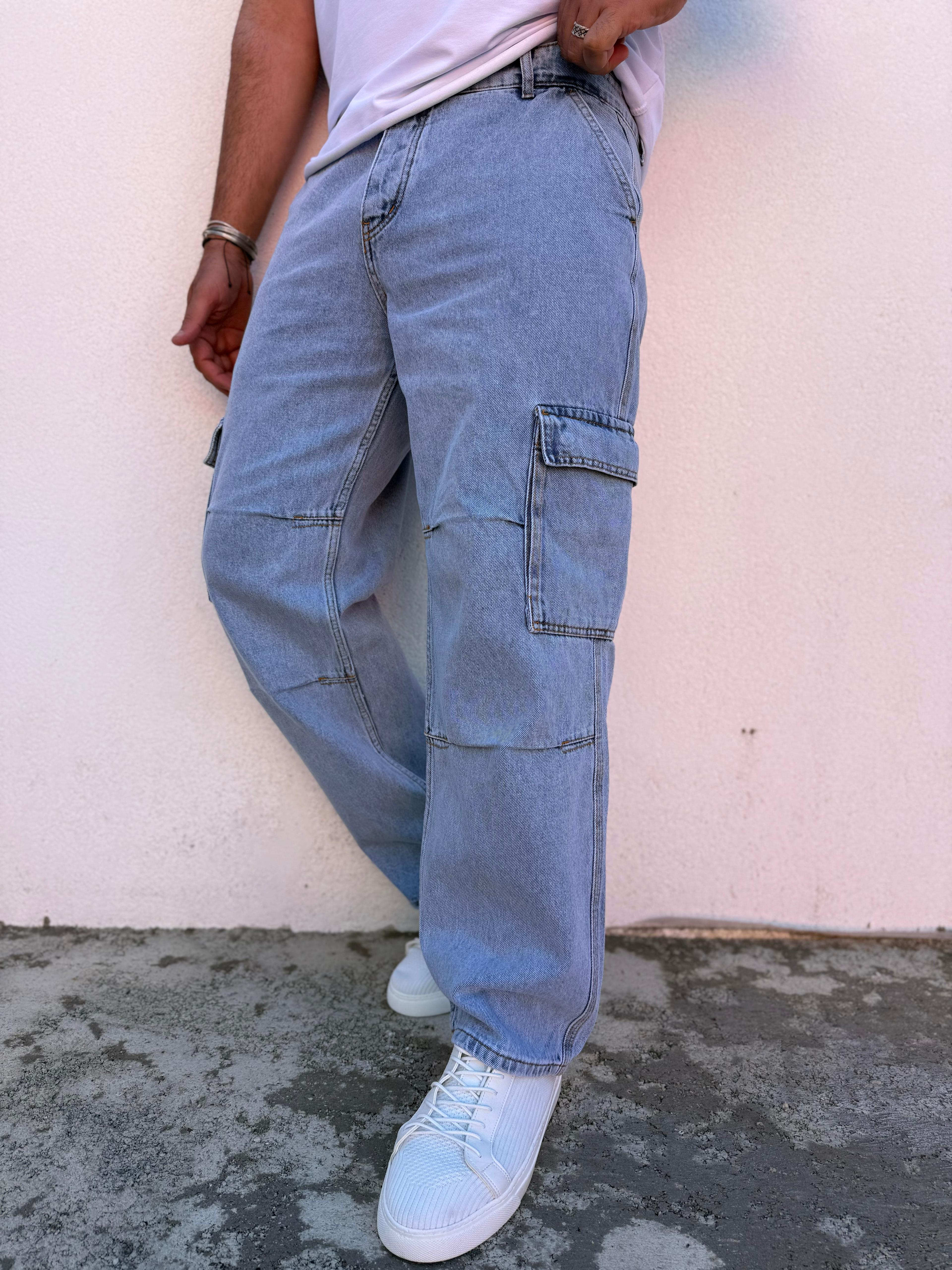 Kargo Cep Baggy Pantolon Buz Mavi
