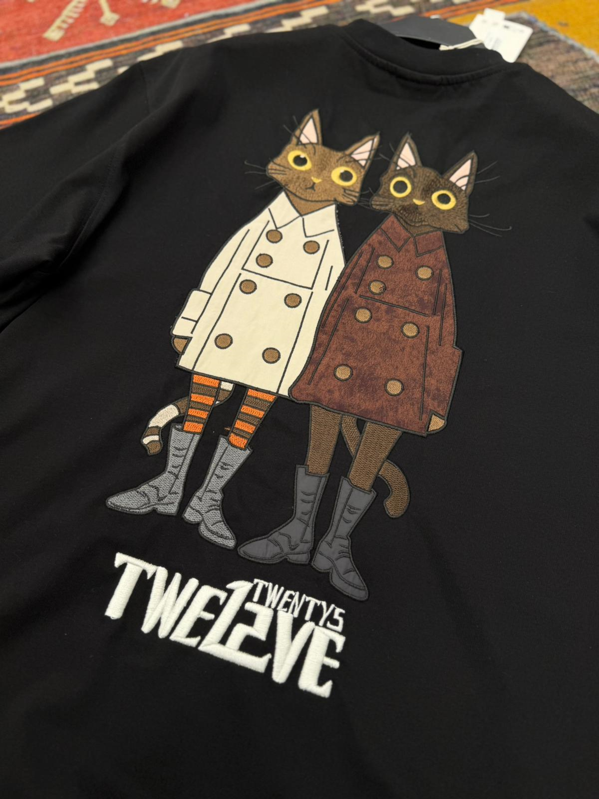 Kedi Full Nakış Oversize Tişört Siyah