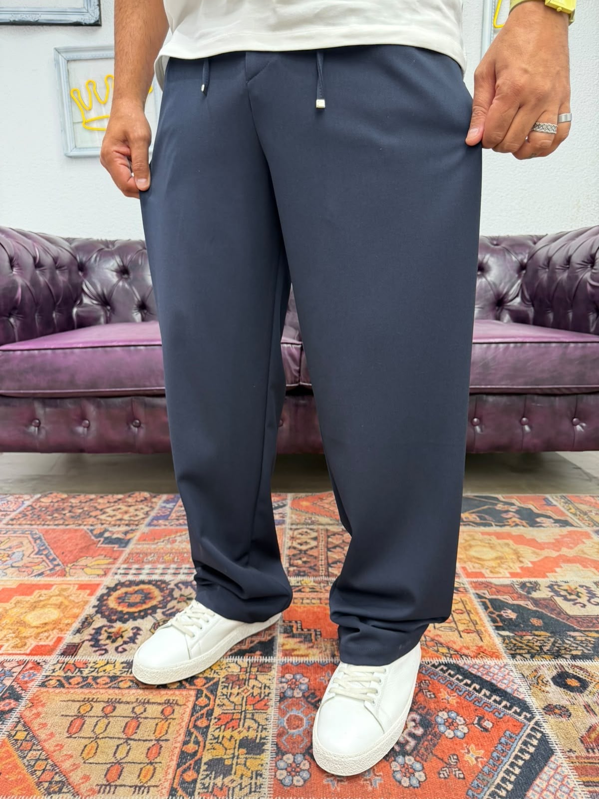 Kumaş Baggy Pantolon Bel Ayarlanabilir Lacivert