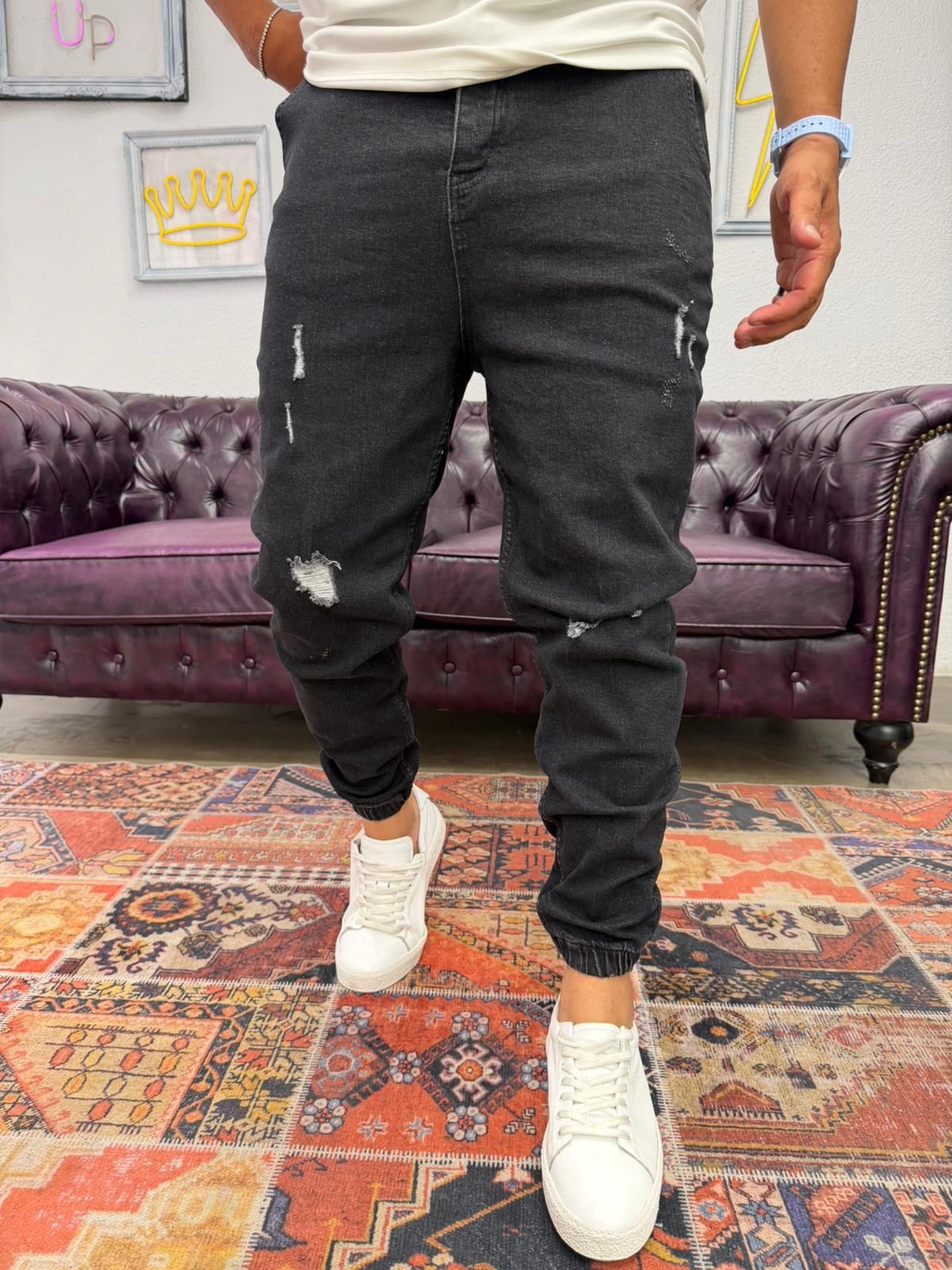 Lazer Yırtıklı Paça Lastikli Kot Jogger Siyah