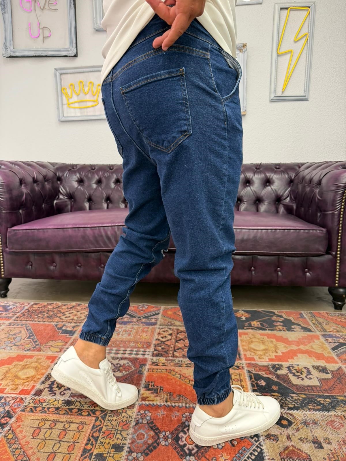 Lazer Yırtıklı Paça Lastikli Kot Jogger Lacivert