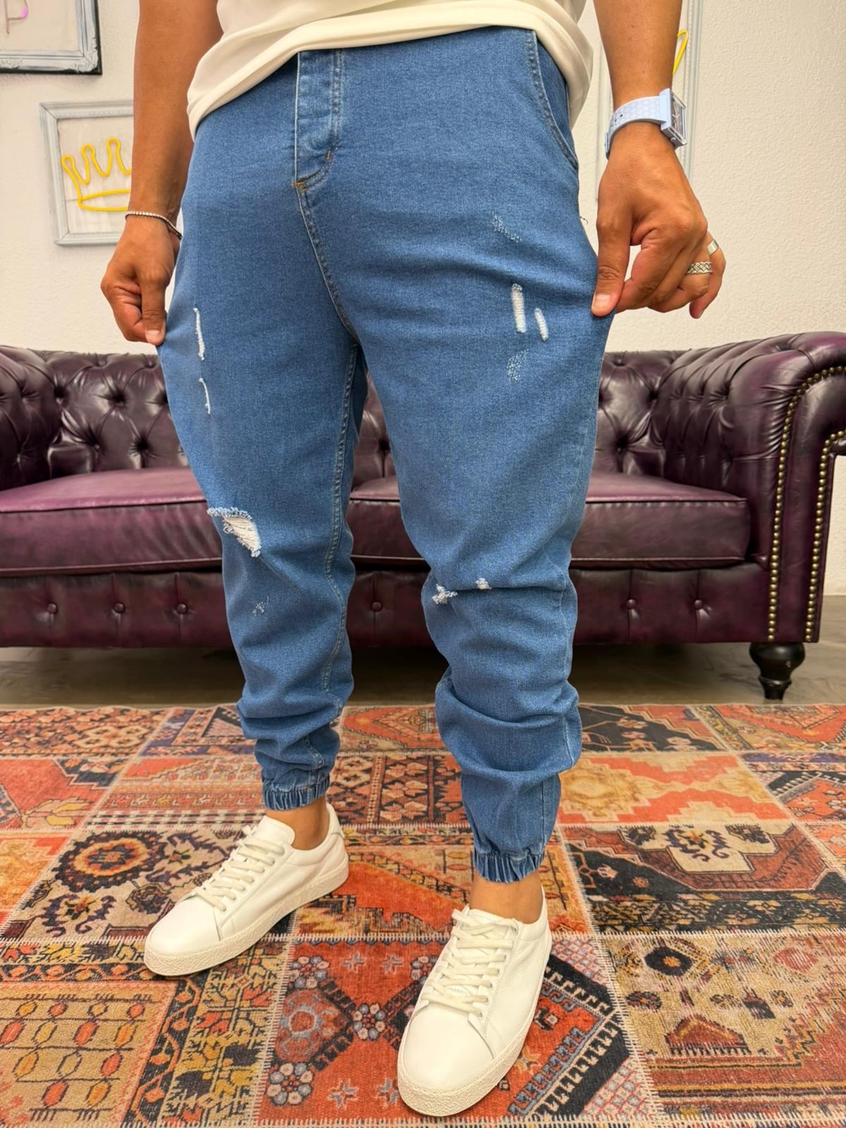 Lazer Yırtıklı Paça Lastikli Kot Jogger Mavi