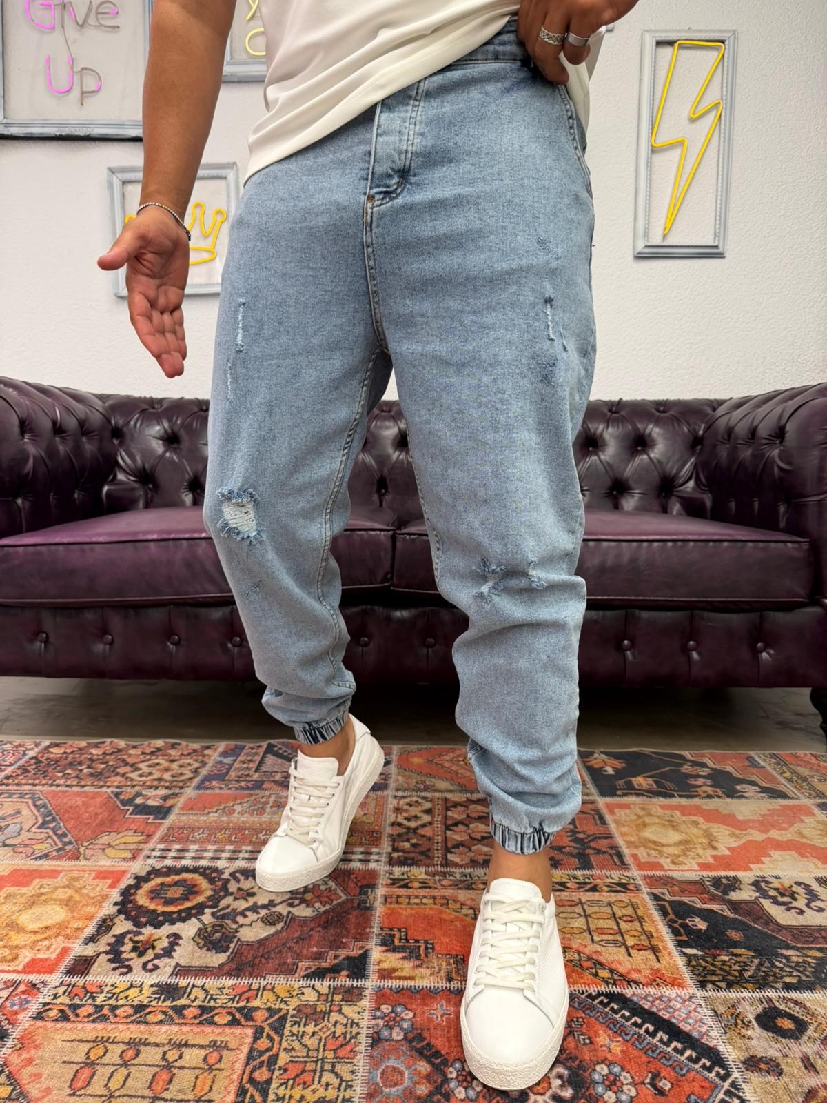 Lazer Yırtıklı Paça Lastikli Kot Jogger Buz Mavi