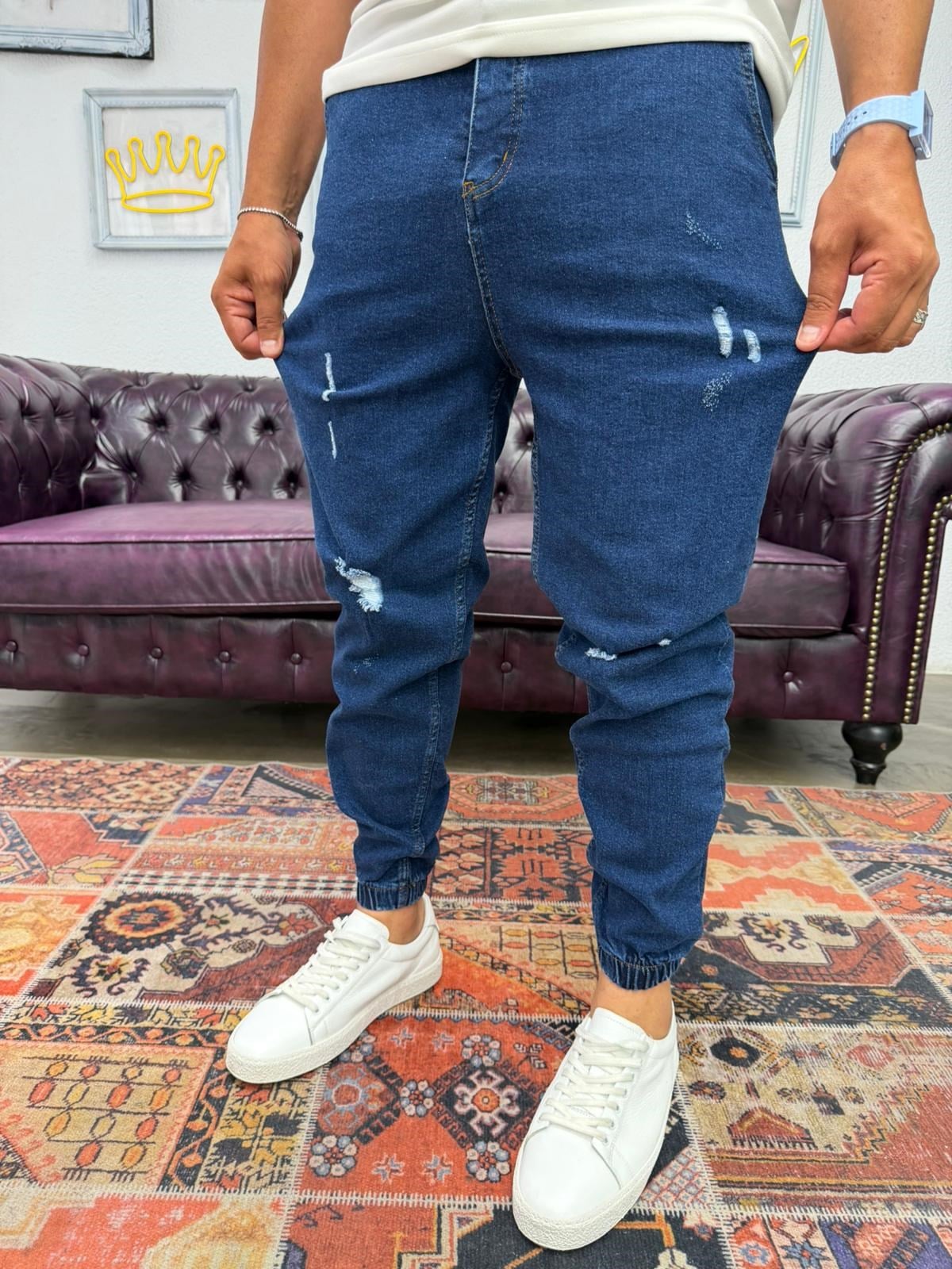 Lazer Yırtıklı Paça Lastikli Kot Jogger Lacivert
