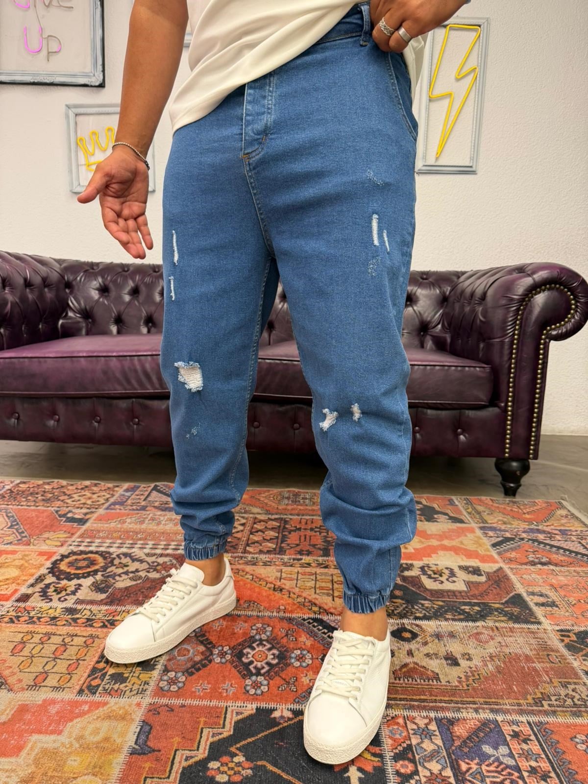 Lazer Yırtıklı Paça Lastikli Kot Jogger Mavi