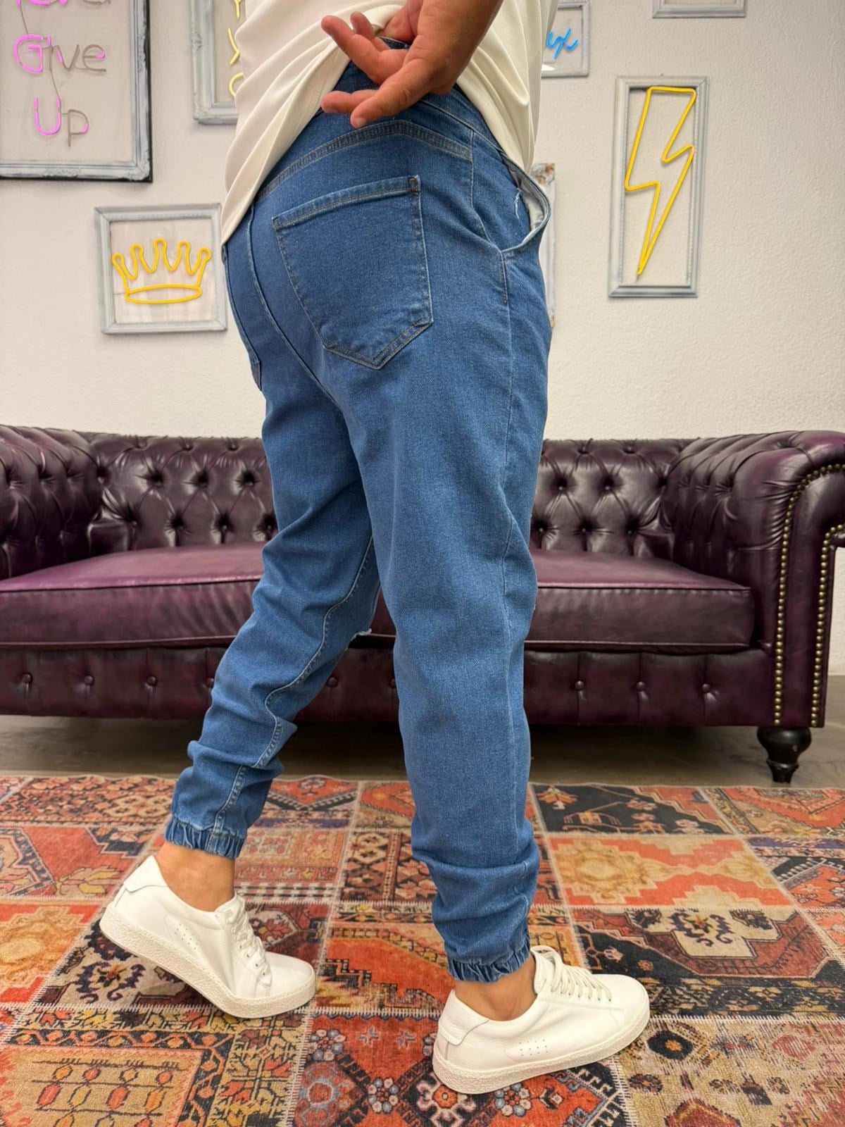 Lazer Yırtıklı Paça Lastikli Kot Jogger Mavi